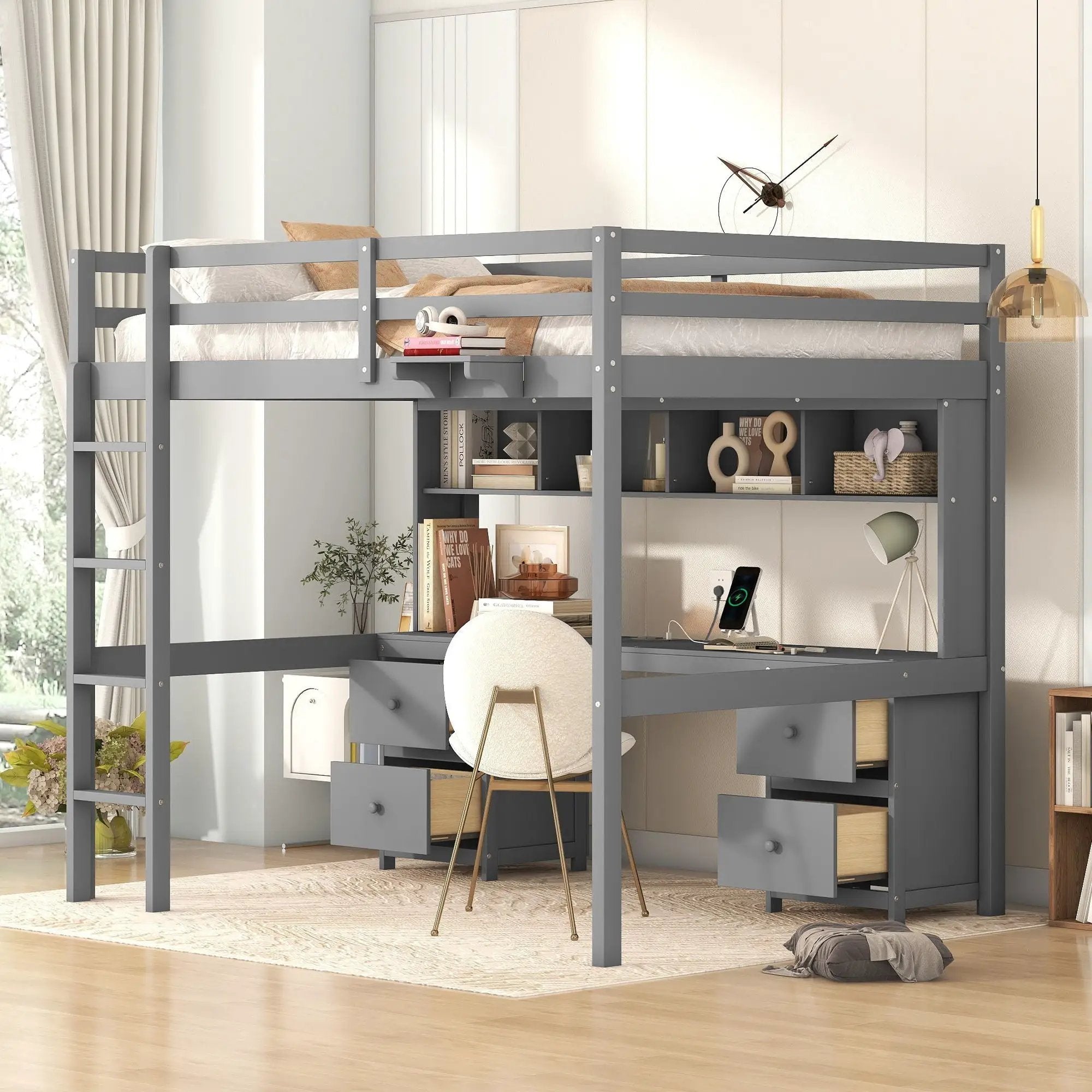 Loft Bed With Desk, Cabinets, Drawers, Charging Station And Bedside Tray by Unique Piece Furniture