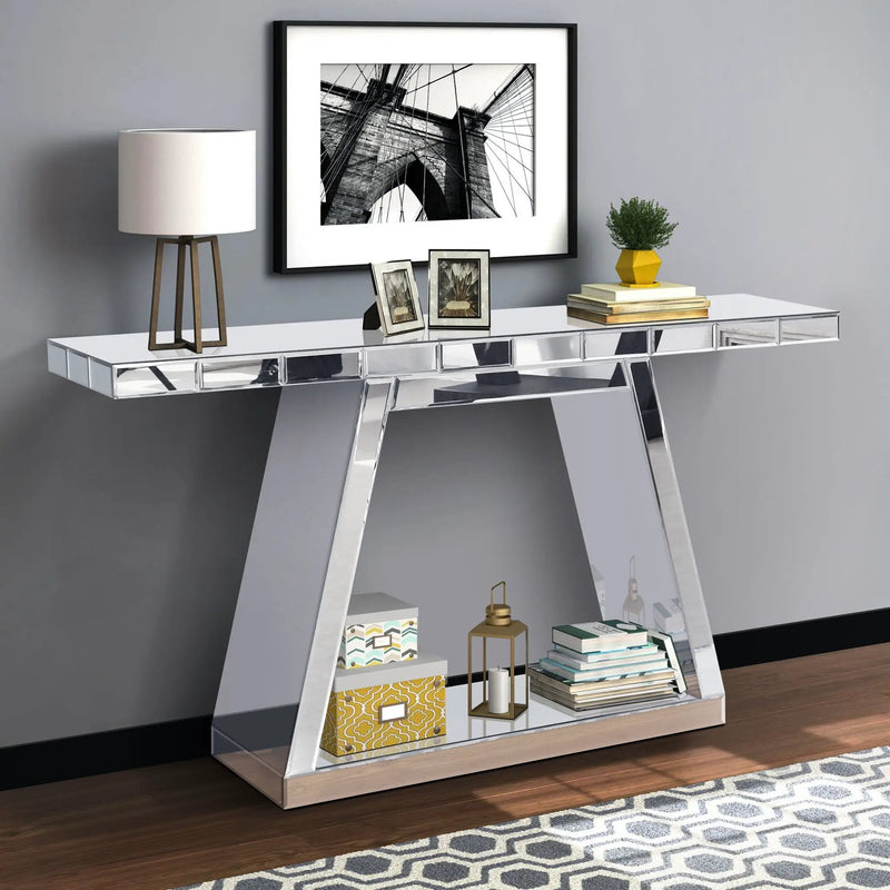 Modern Luxe Full Body Mirror Entryway Table With Trapezoid Base, 360° Reflective Console, Scratch Resistant, Open Storage - Silver by Unique Piece Furniture
