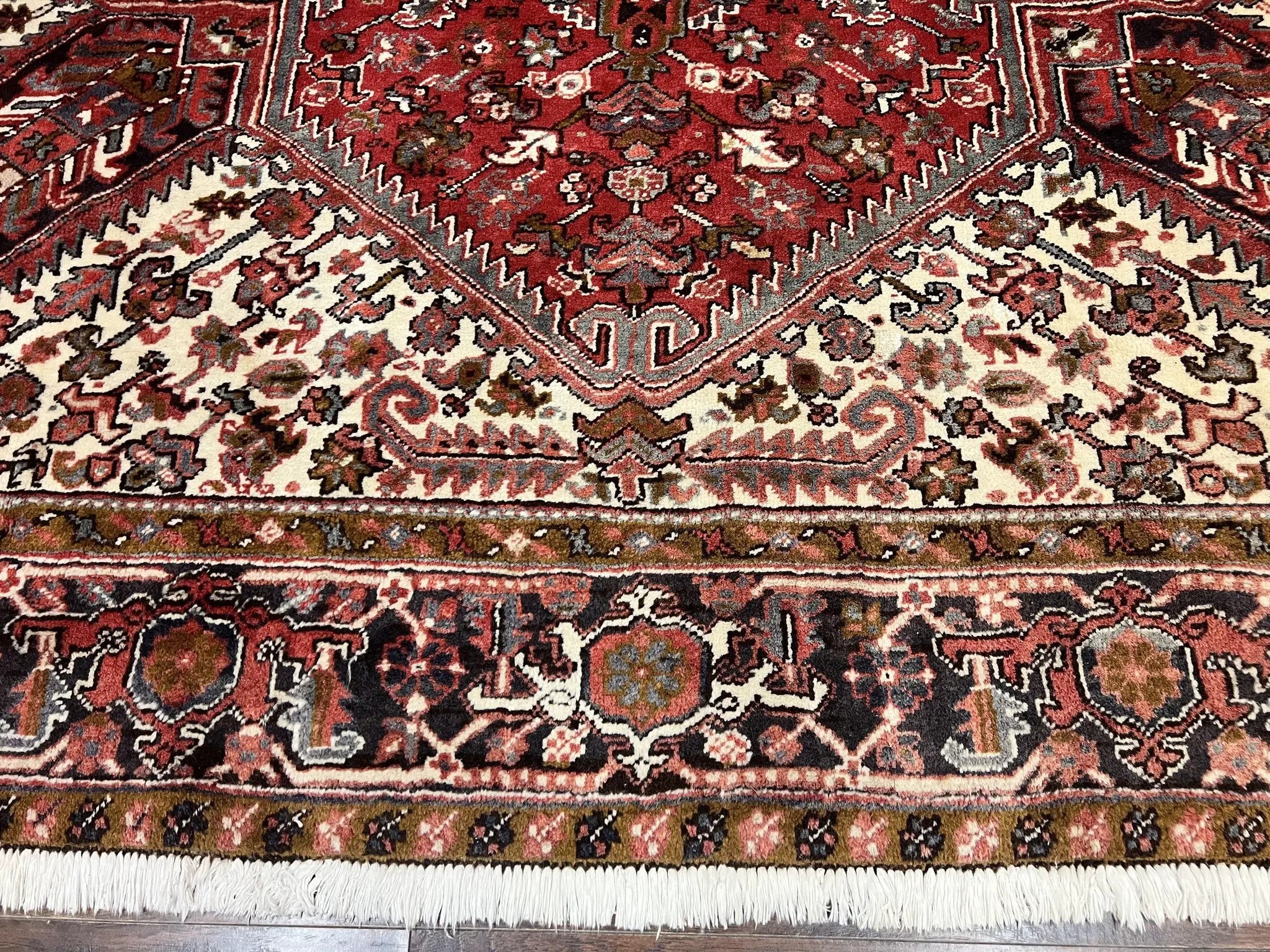 Large Persian Heriz Rug 10x13, Wool Hand Knotted Antique Carpet, Red and Ivory, Geometric Tribal Room Sized Rug, Decorative Oriental Rug by Jewel Rugs