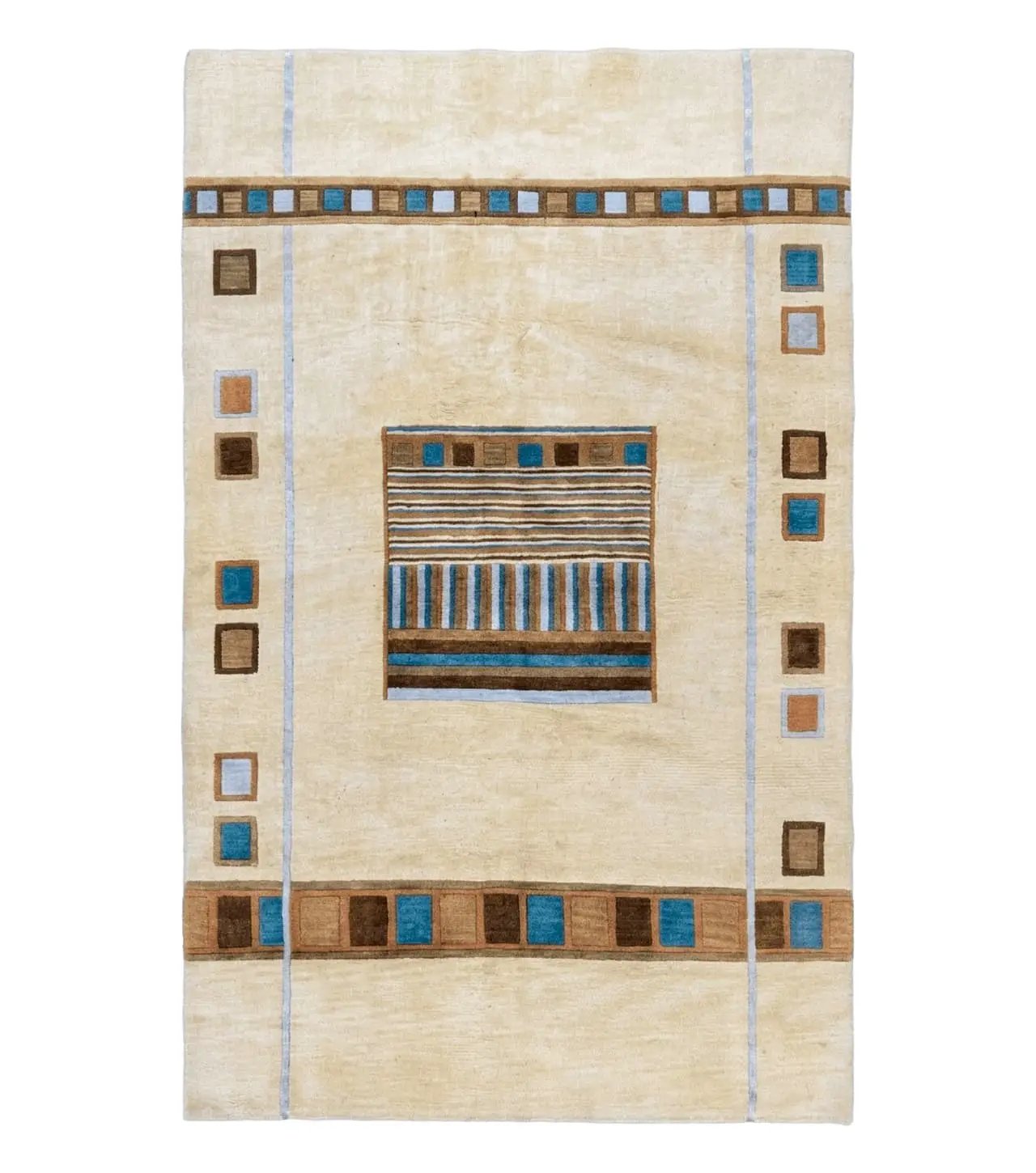 Tibetan Rug 5x8, Contemporary Rug 5 x 8 ft, Cream Brown Blue Hand-Knotted Wool w/ Silk Highlights Tibetan Carpet, Modern Rug by Jewel Rugs