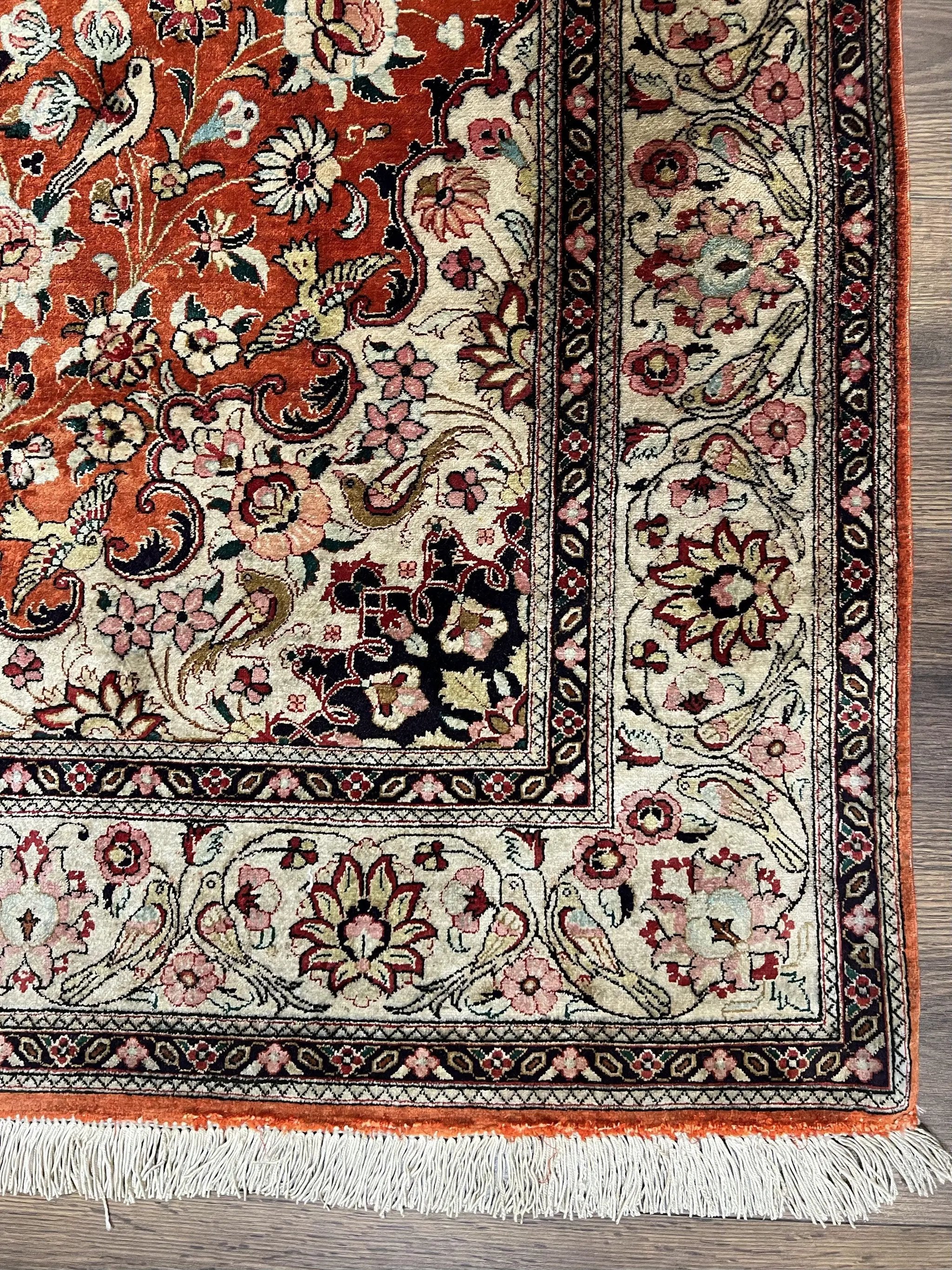 Persian Qum Silk Rug 5x7 - Floral Medallion, Birds, Orange-Red by Jewel Rugs