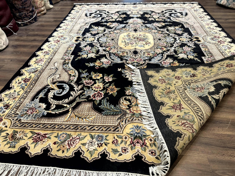 Aubusson Rug 9x12, Black and Beige, Floral, Elegant Handmade French European Design Carpet by Jewel Rugs