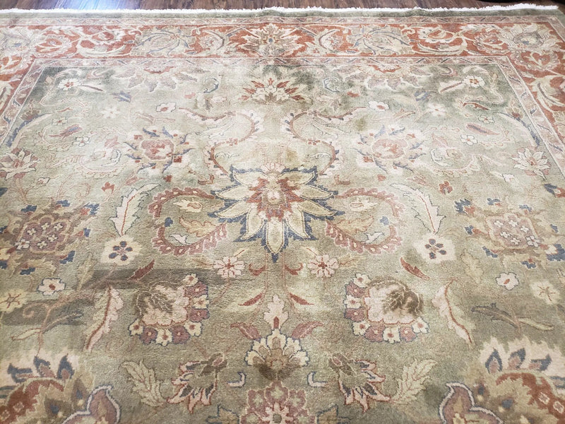 Green Indo Mahal Area Rug 9x12, Wool Hand-Knotted Carpet by Jewel Rugs