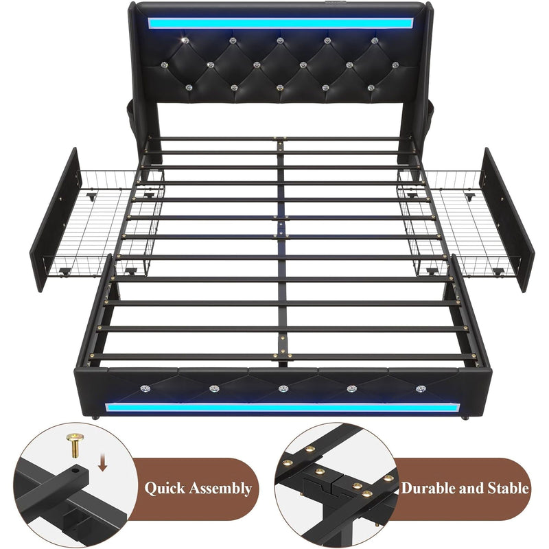 Wingback Upholstered Bed Frame With LED Lights, Charging Station by HouseOfZazla