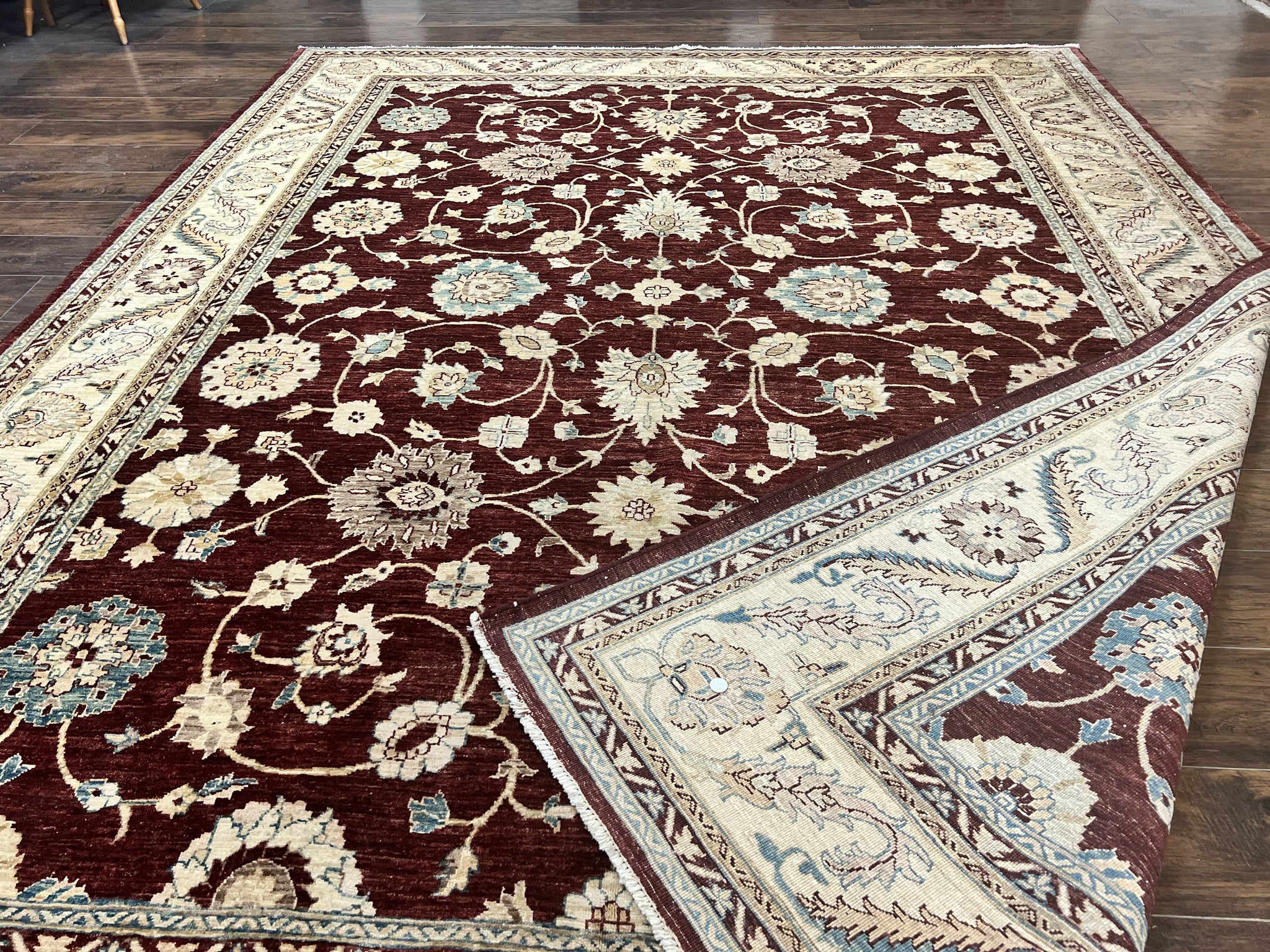 Peshawar Rug 9x11, Pakistani Oriental Carpet, Maroon and Beige, Floral Allover, Wool Hand Knotted Handmade Vintage Rug by Jewel Rugs