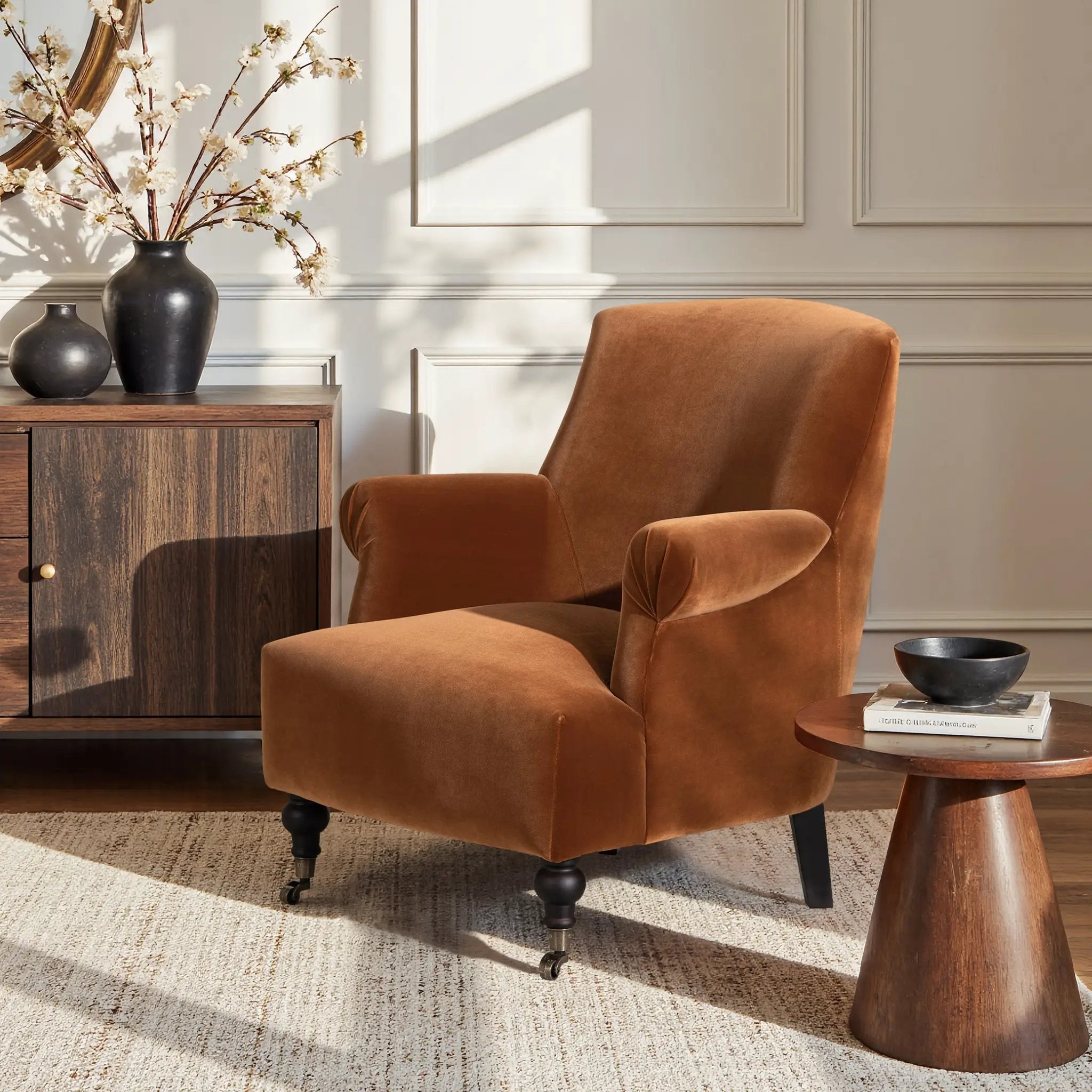Eloise 30' Pleated Sock Arm Accent Armchair, Burnt Orange Performance Velvet by HouseOfZazla