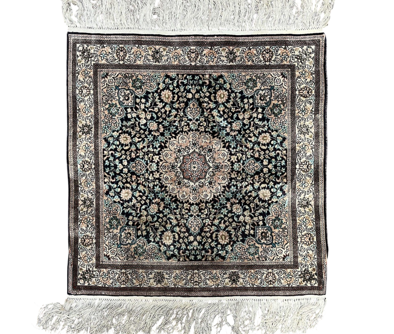 Sino Persian Silk Rug 2x2 ft, Very Fine High KPSI Small Silk Oriental Carpet, Hand-Knotted, Medallion, Vintage Silk Rug, Black Ivory/Cream by Jewel Rugs