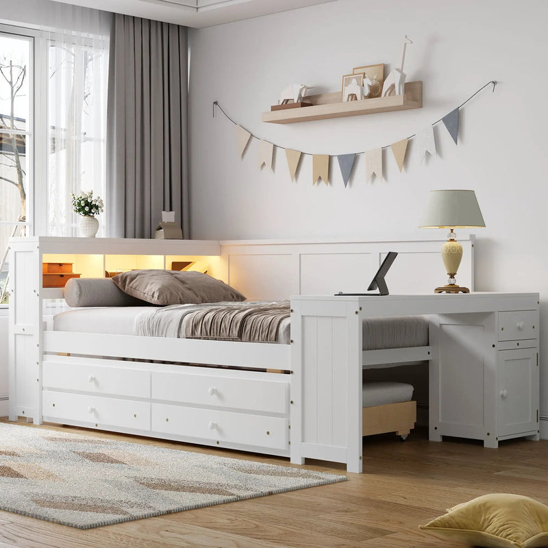 Daybed With Storage Shelves, Drawers, Trundle, Charging Station, LED Light, Desk And Cabinet by Unique Piece Furniture
