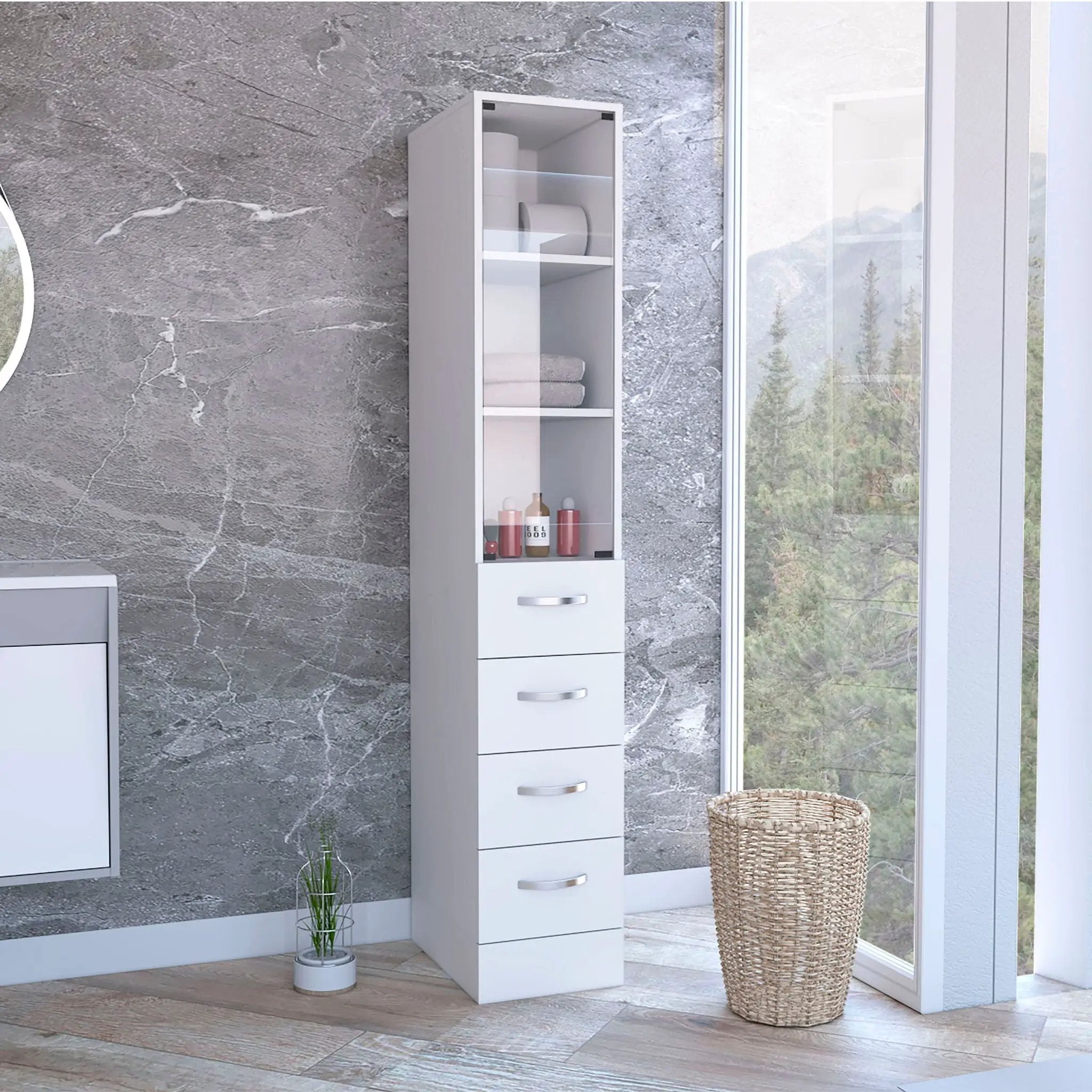 Linen Cabinet, 3 Shelves, 4 Drawers And Metal Handles - White by HouseOfZazla