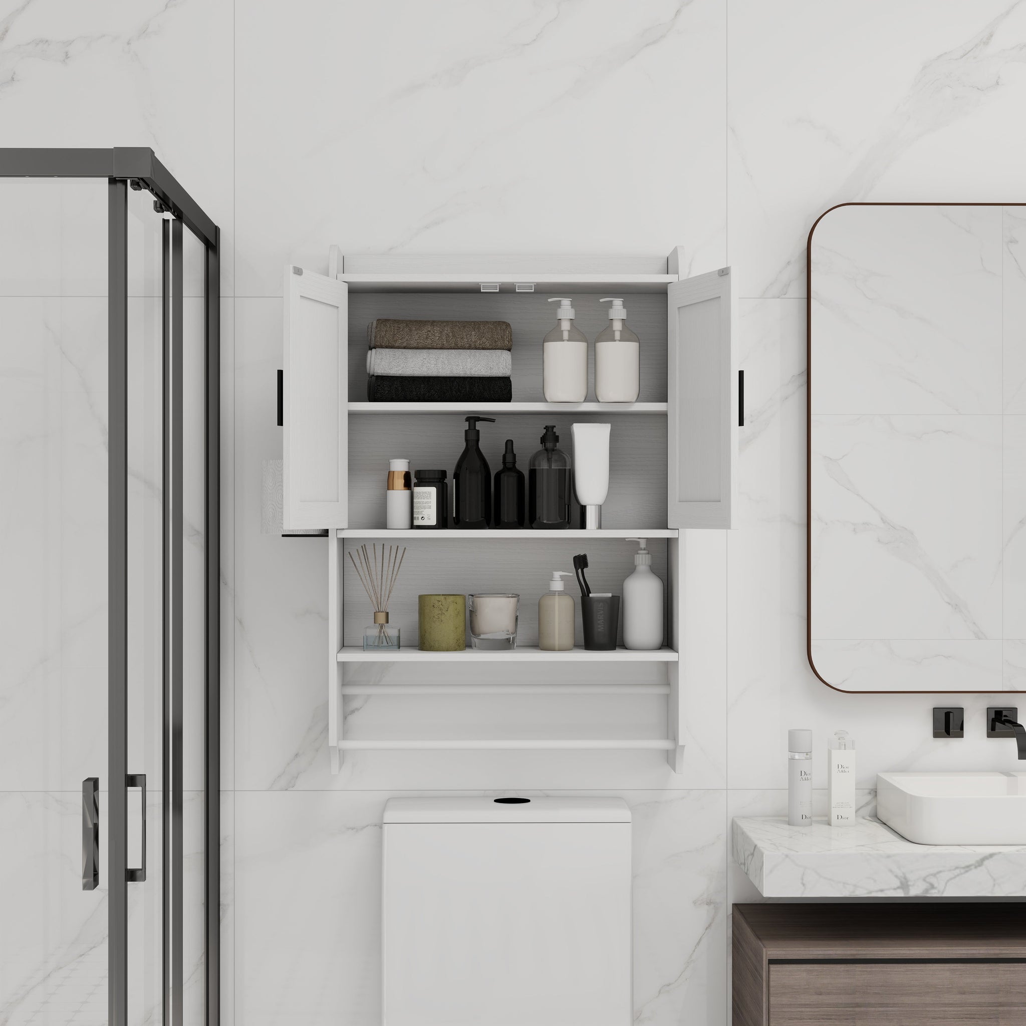 Bathroom Wall Cabinet with Doors, Adjustable Shelf, Towel Bar, and Paper Holder by HouseOfZazla