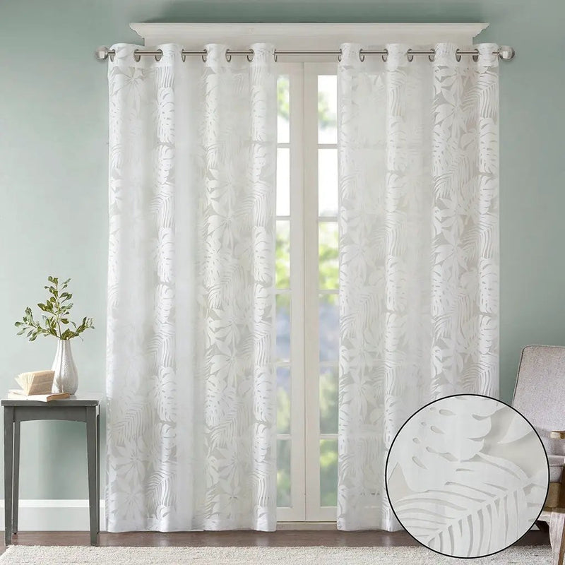 Palm Leaf Burnout Sheer Window Curtain White 50x63 by HouseOfZazla