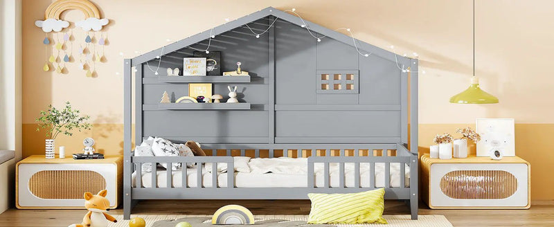 House Bed With Shelves, Window And Sparkling Light Strip On The Roof by HouseOfZazla