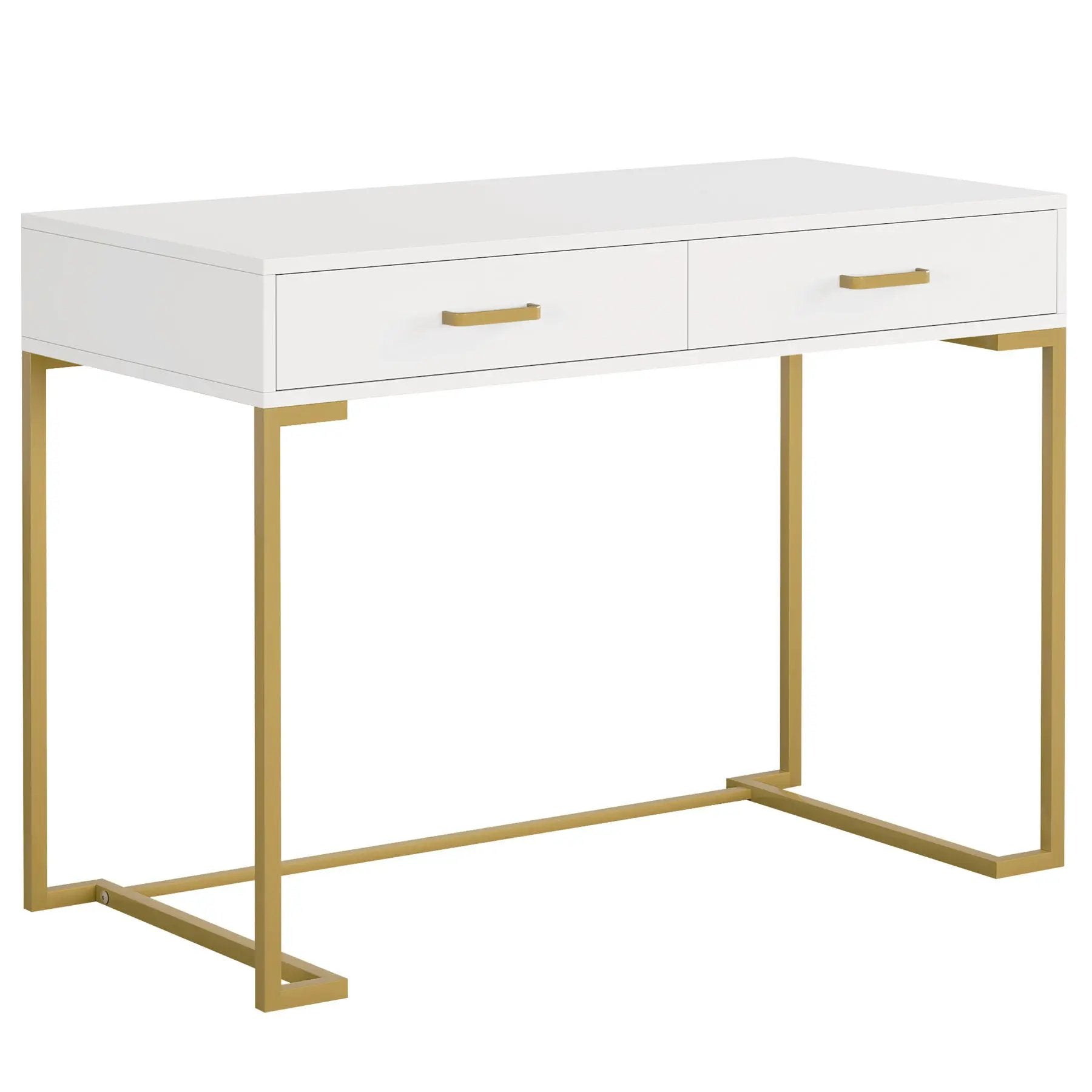 Minimalist Home Office Computer Desk With 2 Drawers, Compact Writing Table For Small Spaces - White / Gold by HouseOfZazla