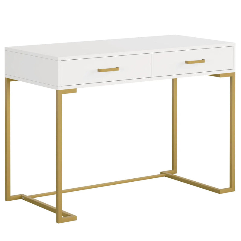 Minimalist Home Office Computer Desk With 2 Drawers, Compact Writing Table For Small Spaces - White / Gold by HouseOfZazla