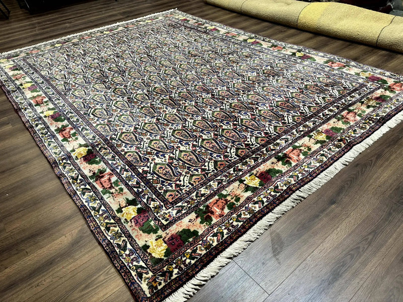 Persian Kurdish Rug 8x11, Repeated Allover Boteh Paisley Design, Bird Pictorials, Rare Antique Sannadaji Carpet by Jewel Rugs