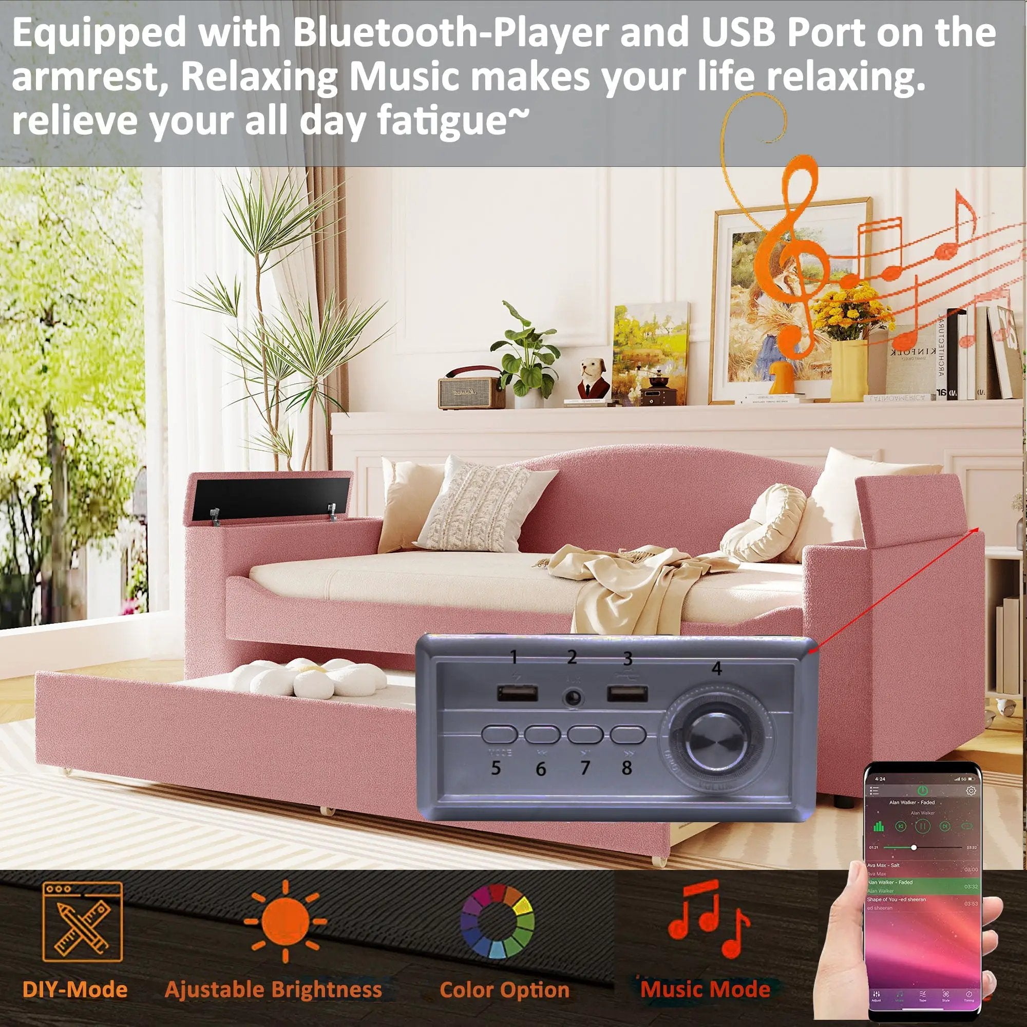 Upholstered Daybed With Storage Armrests, Trundle And Latest Integrated tooth Audio System by Unique Piece Furniture