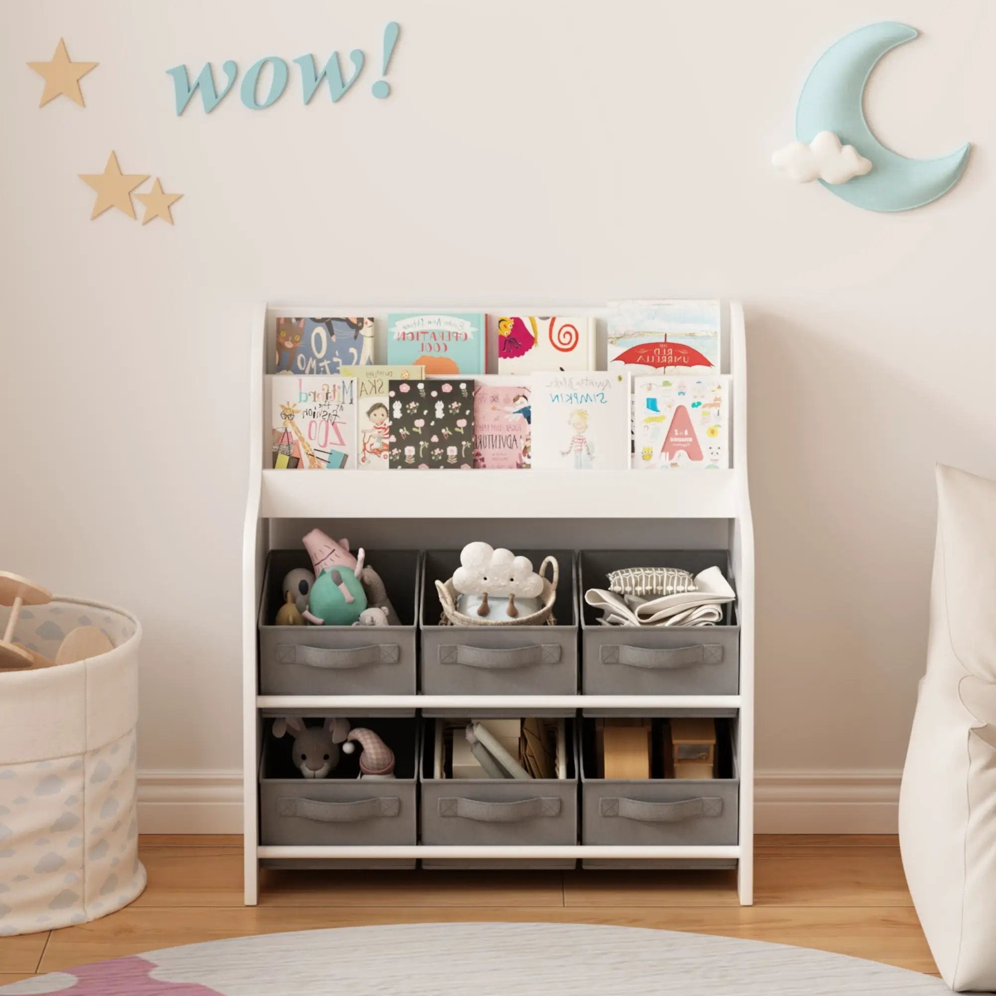 Bookshelf With 6 Storage Bins, Multi Functional Children's Bookcase And Toy Organizer - White by Unique Piece Furniture