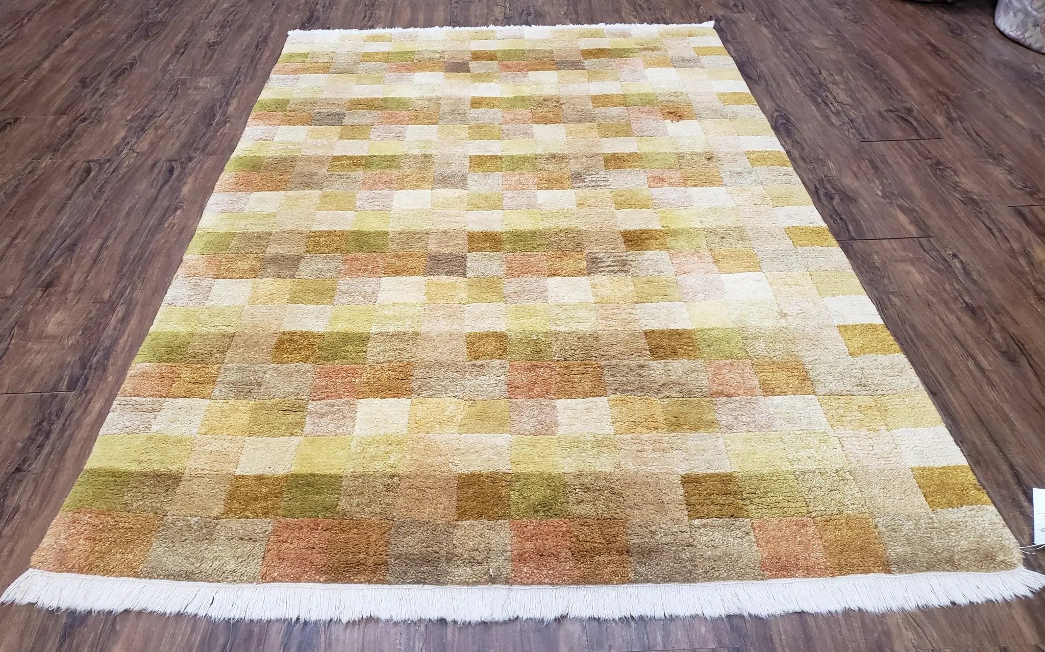 4x6 Tibetan Rug, Modern Abstract Handmade Area Rug, Checkerboard Pattern, Neutral Ivory Gold Tan Colors, Soft Pile, Mid Sized Rug, Nepali by Jewel Rugs