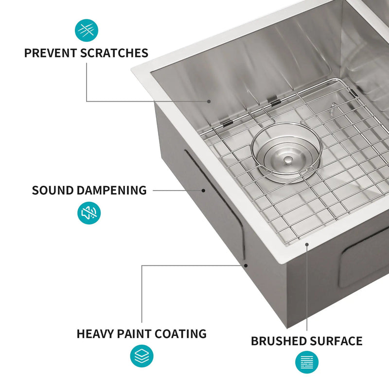 16 Gauge Undermount Double Bowl Kitchen Sink With 9" Deep Bowls - Brushed Nickel