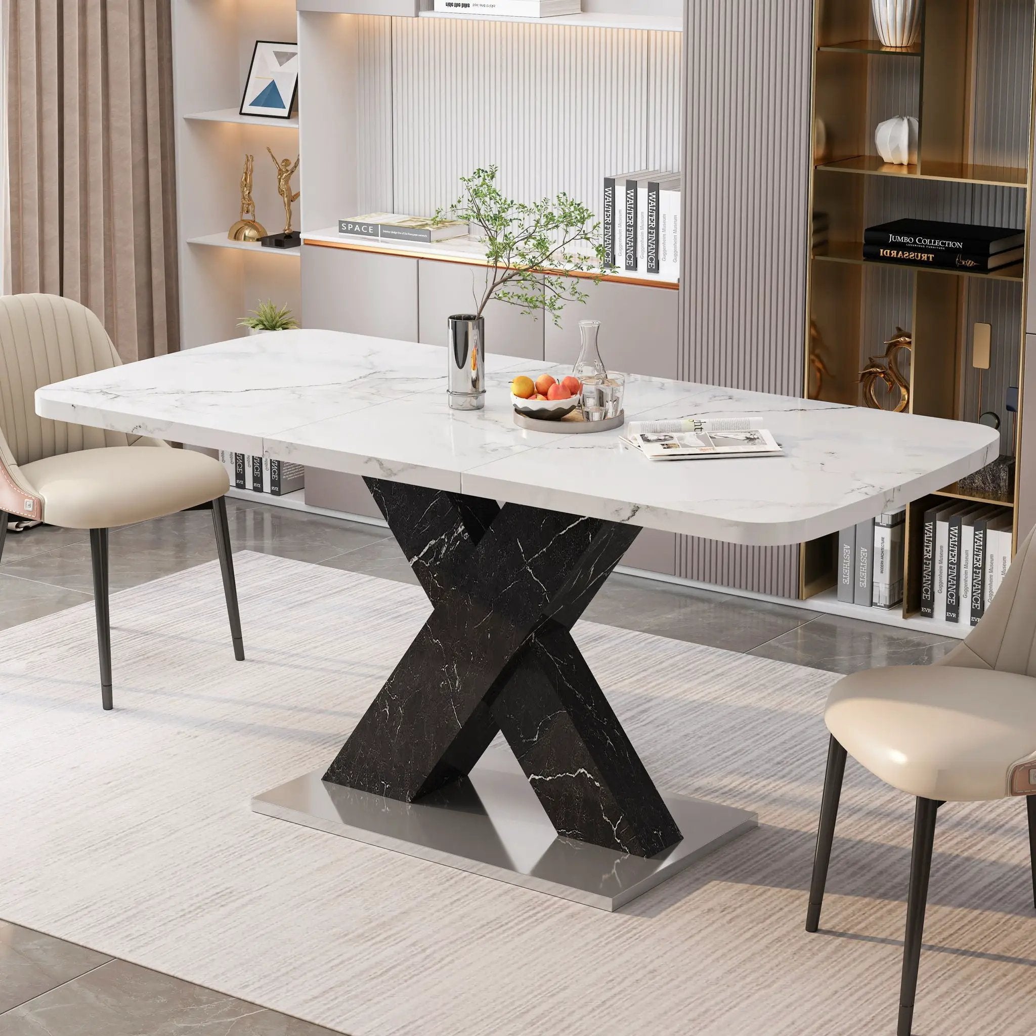 Rectangle Dining Table With Stretchable Top, X Shape Mdf Legs With Steel Base - White / Black by Unique Piece Furniture