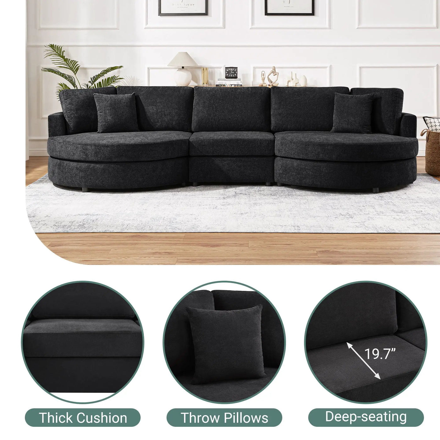 Modern 3 Seater Upholstered Sofa With Curved Design by HouseOfZazla