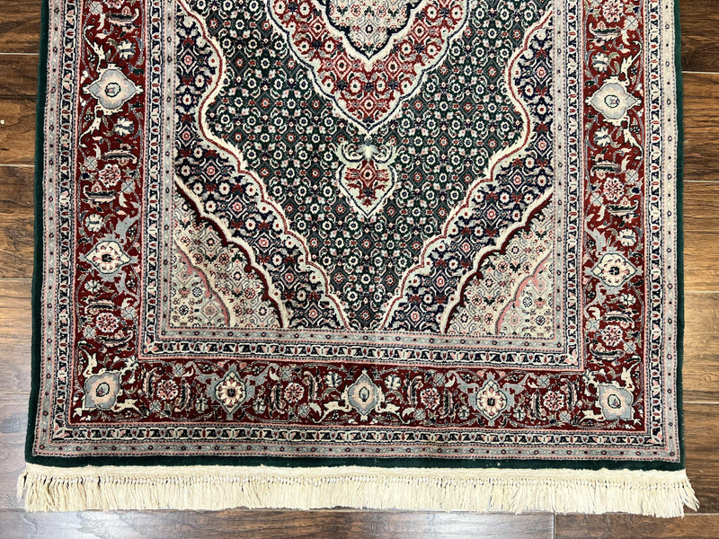 Sino Persian Rug 4x6, Wool with Silk Highlights, Fine Hand Knotted Carpet, Green & Maroon Red, Herati Medallion, Vintage Rug by Jewel Rugs