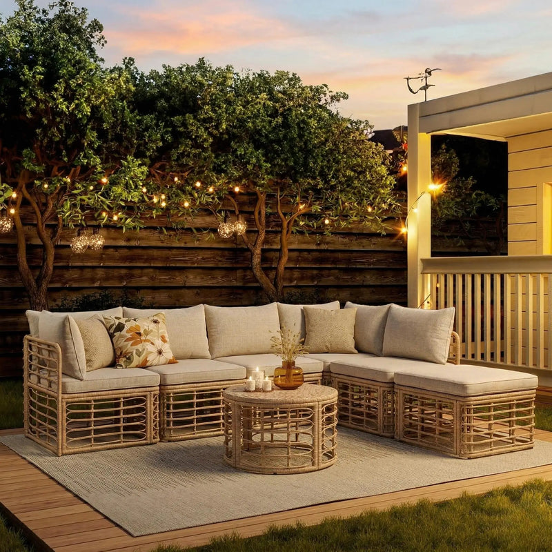 7 Pieces Outdoor Patio Furniture, All-Weather Rattan Sectional Sofa Set with Thick Cushions and Pillows, Freely Combined Conversation Sets for Garden, Backyard, Balcony, Brown by HouseOfZazla