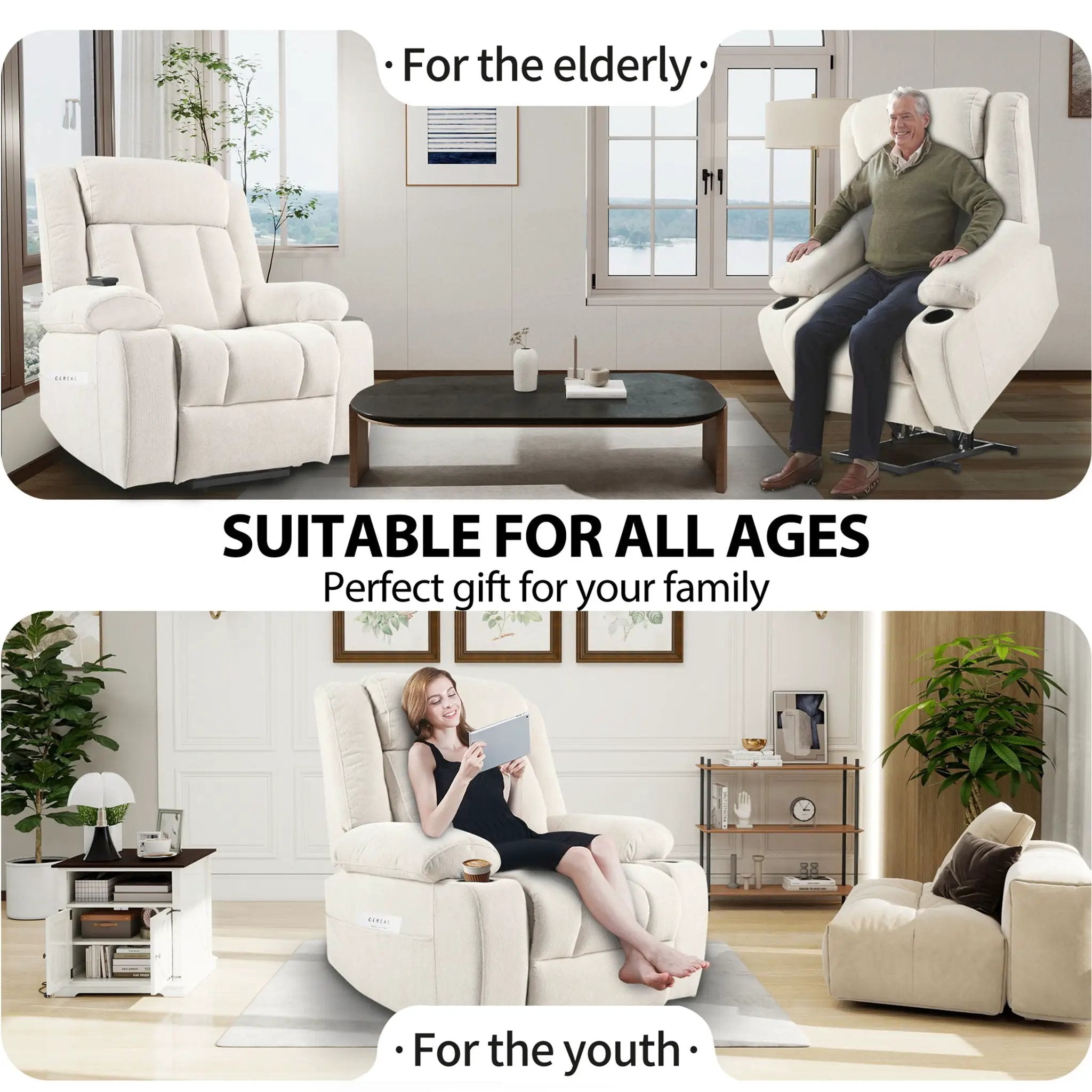 Power Lift Recliner Chair With Extended Footrest, Remote Control, Cup Holders, And Side Pockets by HouseOfZazla