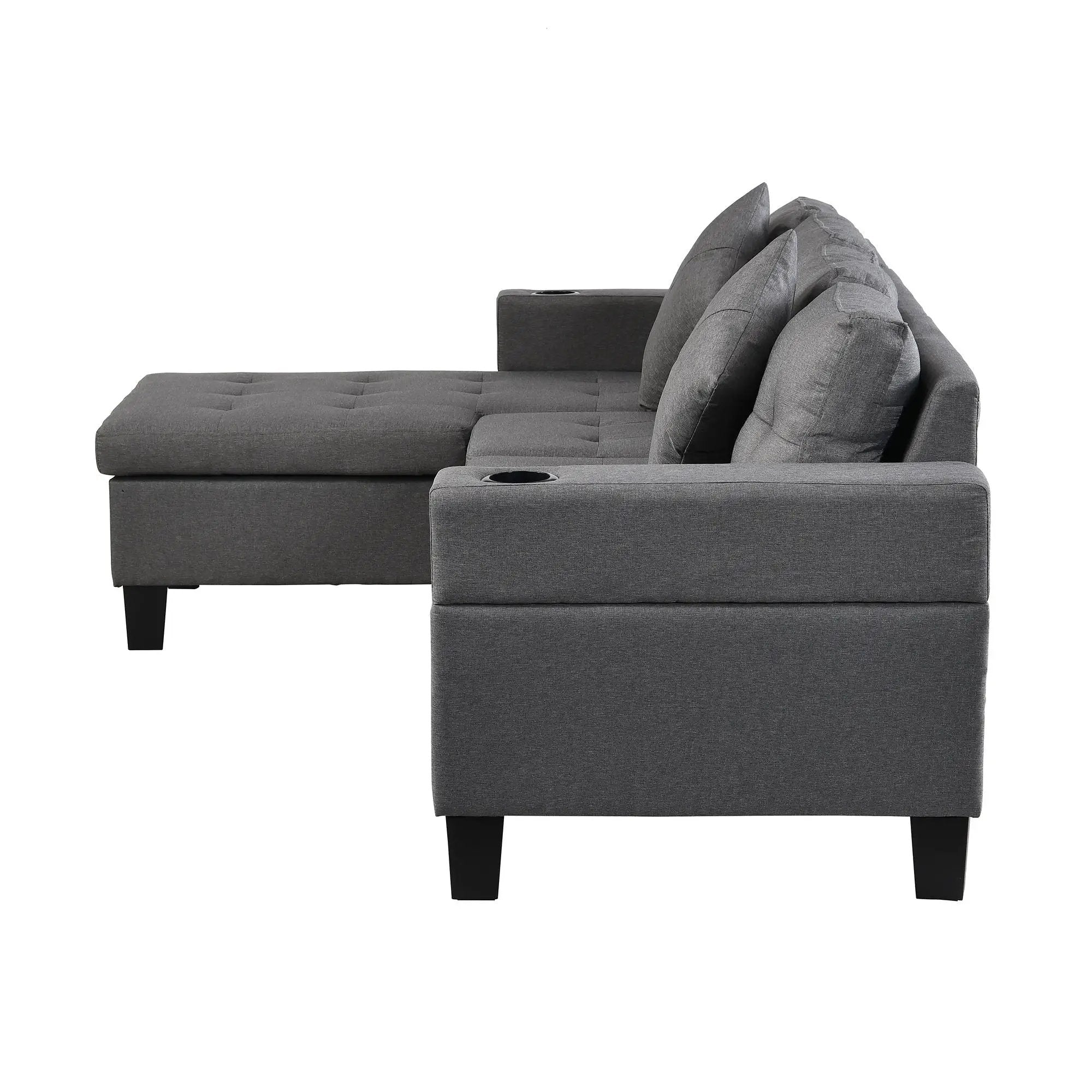 Modern Sectional Sofa Set With L Shape Chaise Lounge, Cup Holder, 4 Seat - Gray by HouseOfZazla