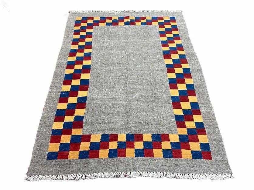 Gray Kilim Carpet, Yellow, Red, Blue Checkerboard Pattern, Flatweave, New, Geometric, Hand-Knotted, Wool, Turkish Area Rug, 5' 9" x 7' 9" by Jewel Rugs