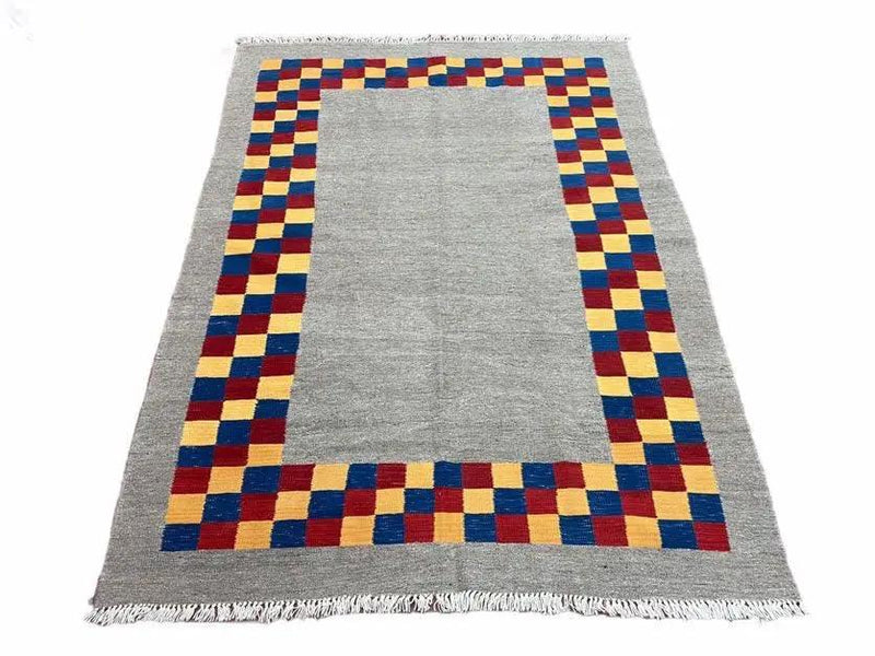 Gray Kilim Carpet, Yellow, Red, Blue Checkerboard Pattern, Flatweave, New, Geometric, Hand-Knotted, Wool, Turkish Area Rug, 5' 9" x 7' 9" by Jewel Rugs