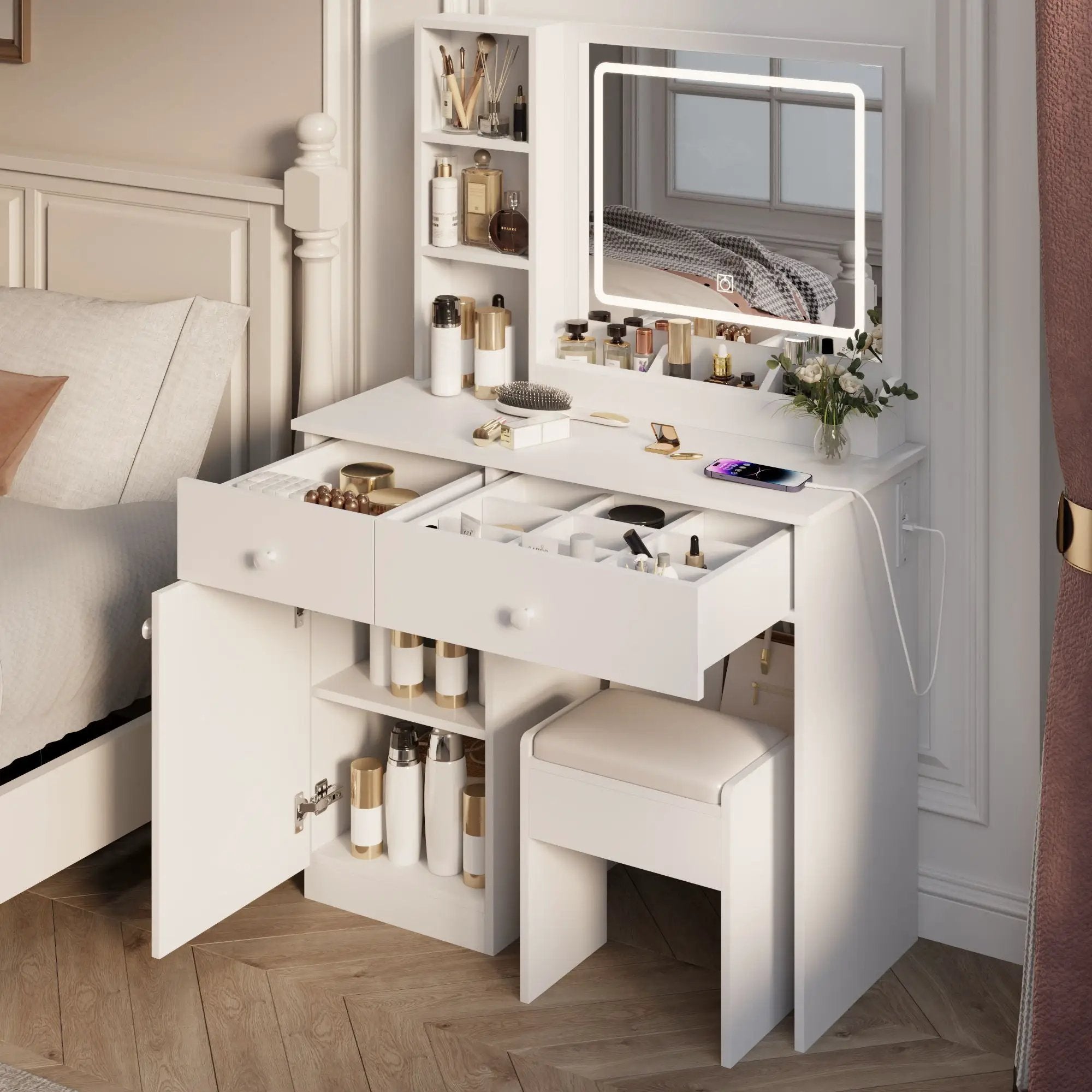 Fashion Vanity Desk With Mirror And Adjustable Lights, Makeup Table Set With 2 Drawers - White by HouseOfZazla