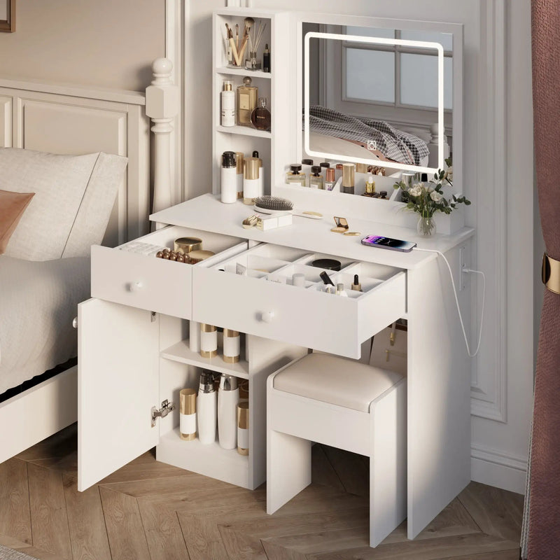 Fashion Vanity Desk With Mirror And Adjustable Lights, Makeup Table Set With 2 Drawers - White by HouseOfZazla