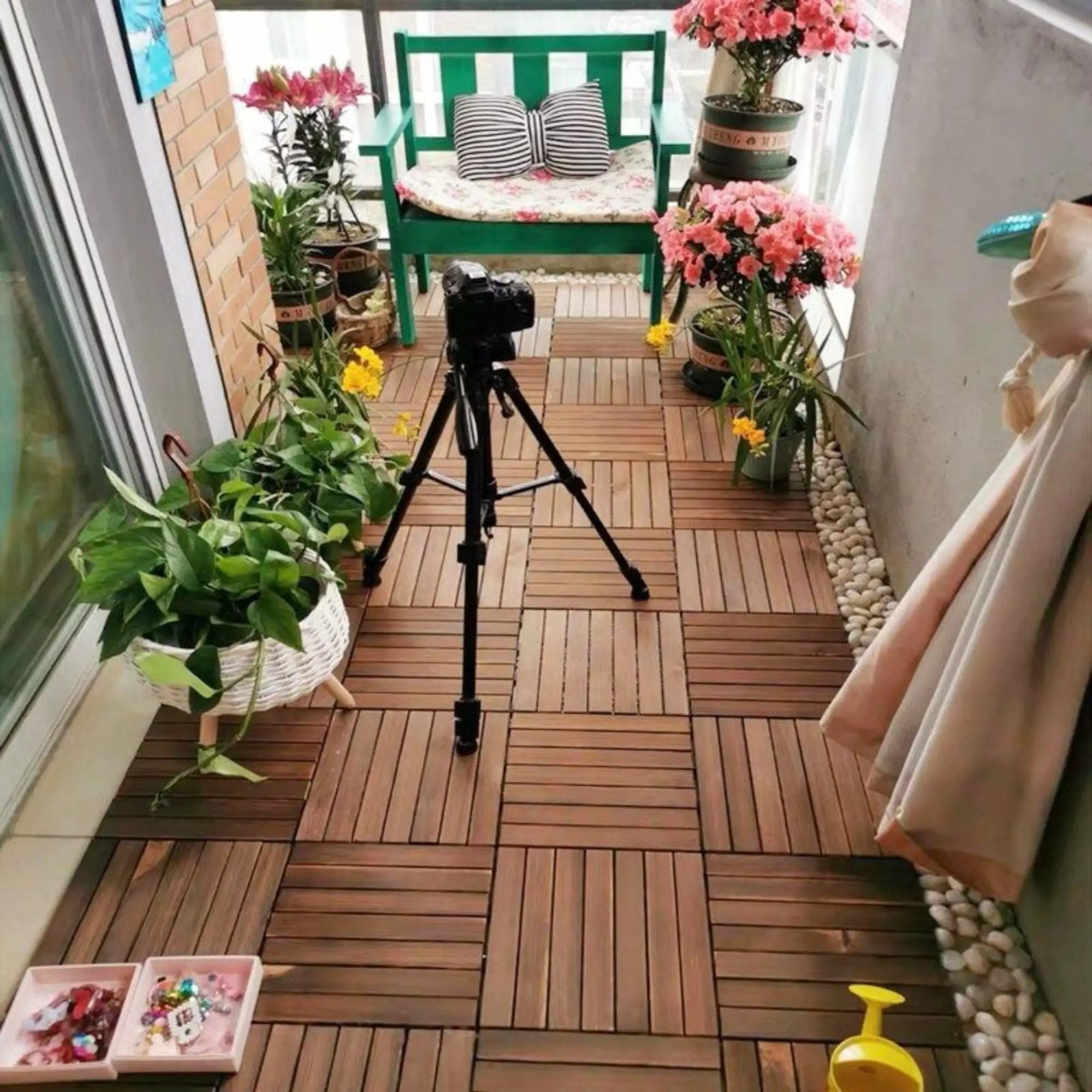 Interlocking Deck Tiles Striped Pattern, Square Acacia Hardwood Outdoor Flooring For Patio, Bancony, Pool Side by HouseOfZazla