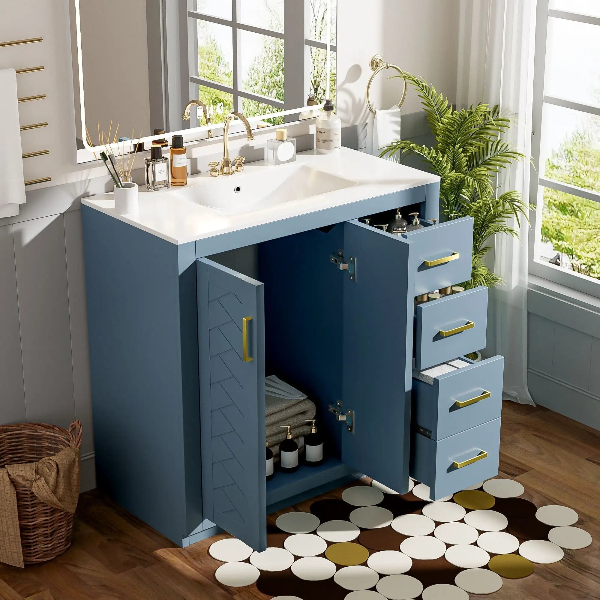 Bathroom Vanity With Sink, Storage Cabinet, Freestanding Set With 3 Drawers & Soft Closing Doors - Indigo by Unique Piece Furniture