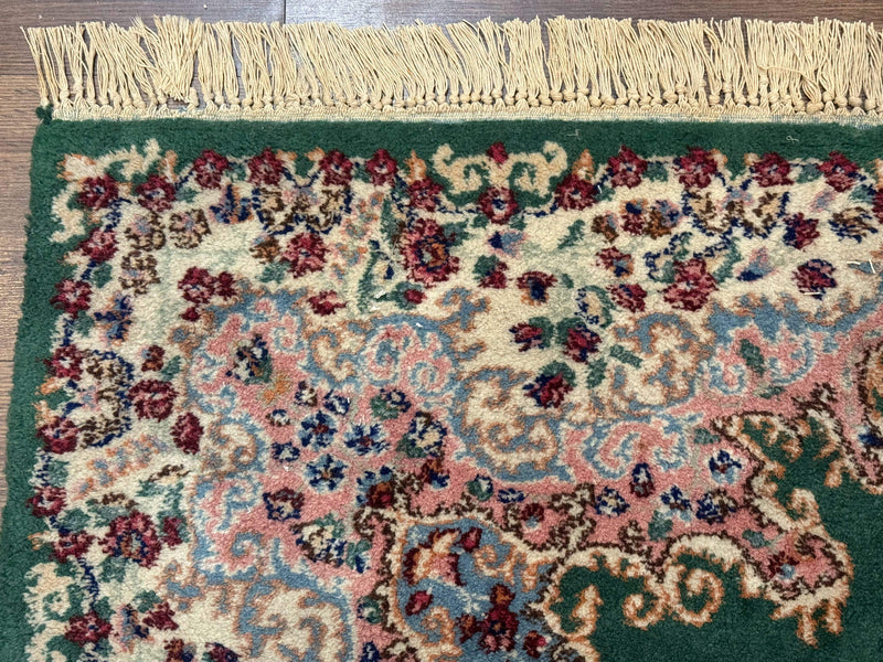 Persian Kerman Rug 4x6, Green Ivory Pink, Wool Vintage, Semi Open Field by Jewel Rugs