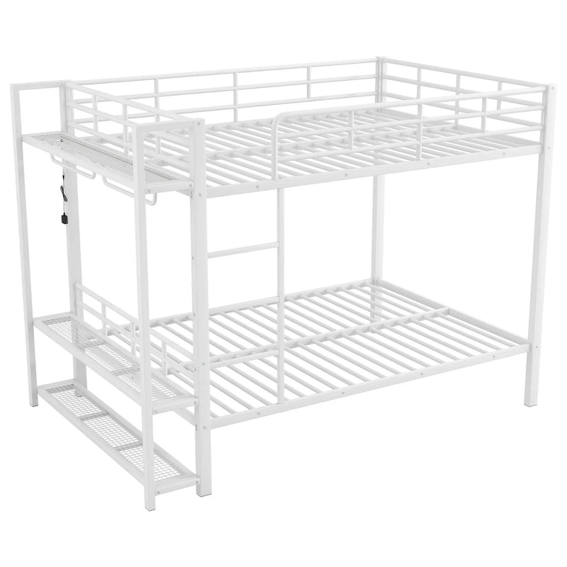 Bunk Bed With Storage Shelves, Clothes Hooks, LED Light