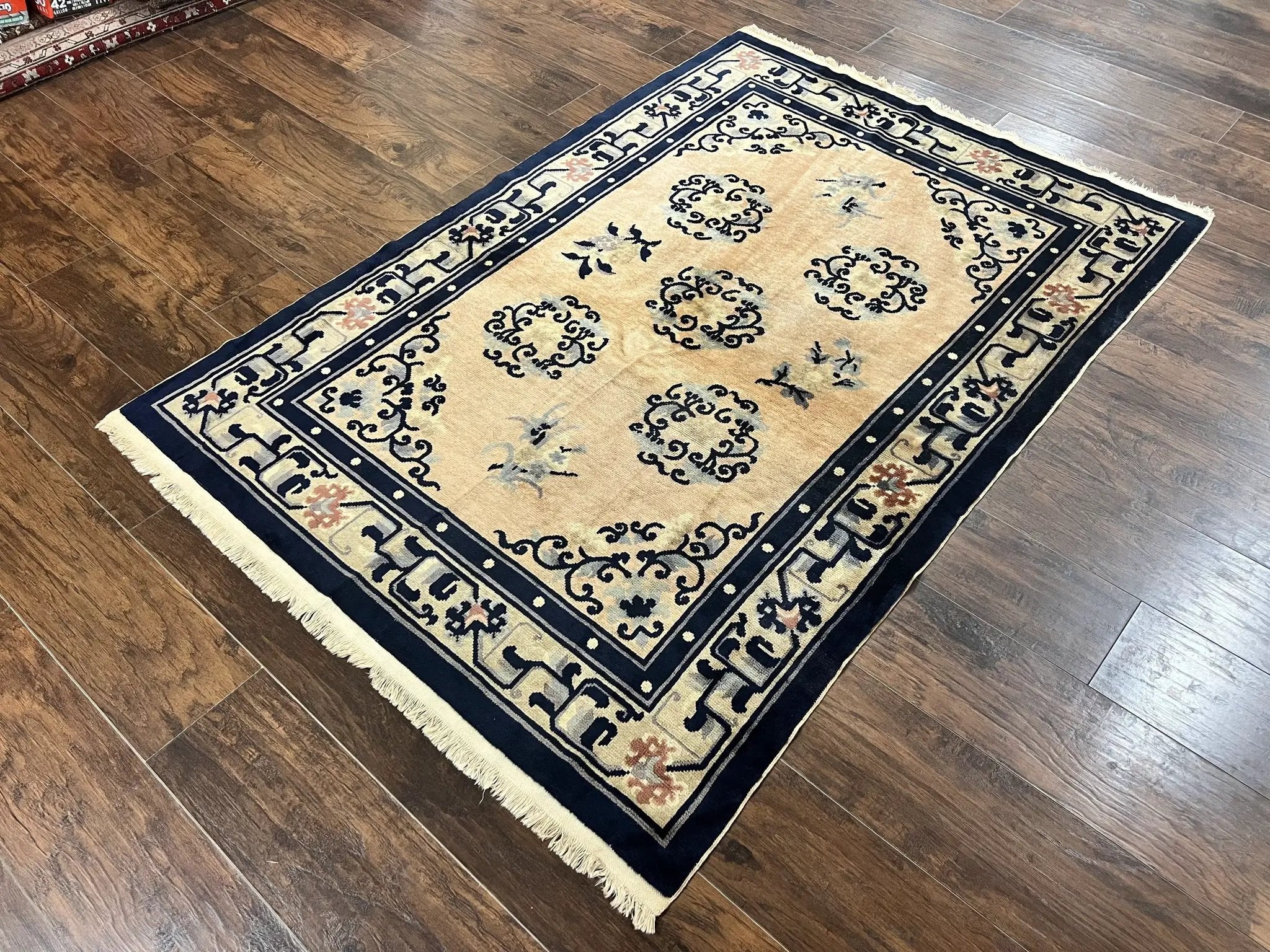 Chinese Peking Rug 4x6, Wool Hand Knotted Handmade Vintage Semi Antique Carpet, Semi Open Field, Light Peach & Navy Blue, Art Deco Rug by Jewel Rugs