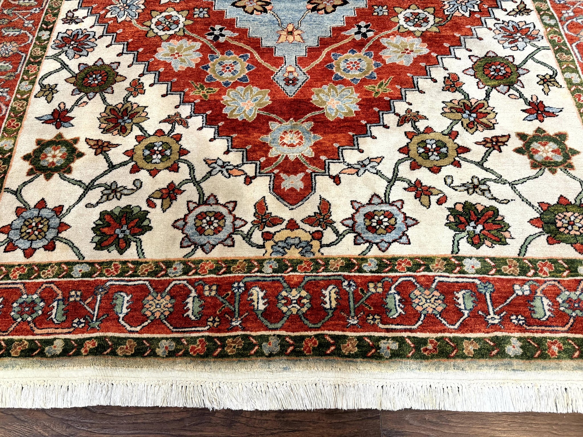 Indo Persian Heriz Rug 7x9, Geometric Pattern, Cream & Light Red, Handmade Vintage Wool Carpet by Jewel Rugs