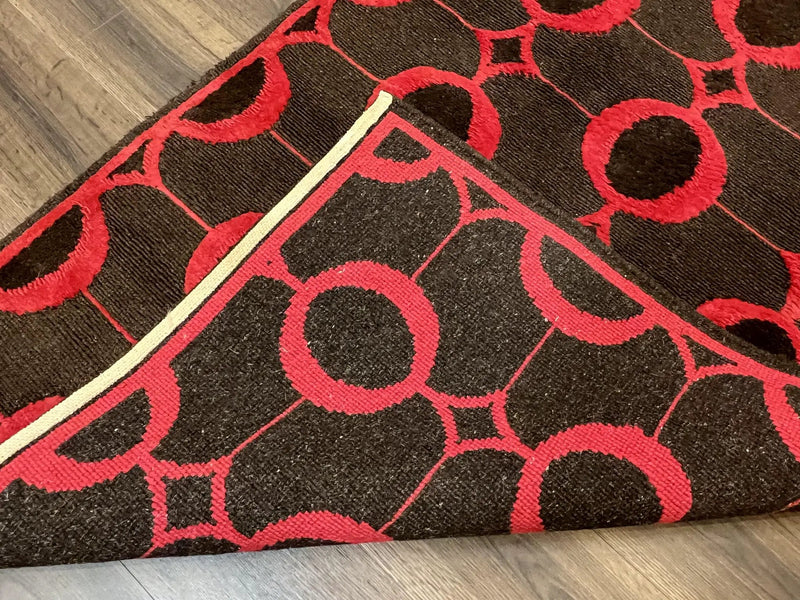 Modern Tibetan Rug 3.8 x 5.7, Raspberry Red and Dark Brown, Abstract Circle Design, Hand Knotted, Soft Wool Handmade Tibet Nepali Carpet 4x6 by Jewel Rugs