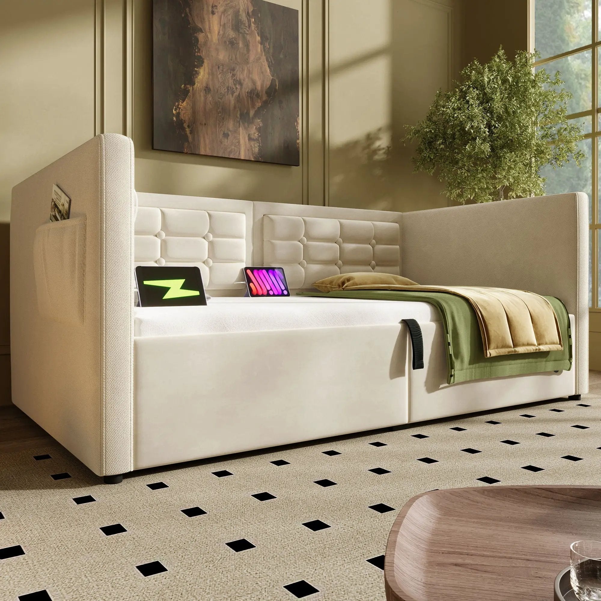 Upholstered Hydraulic Storage Daybed With USB & Type C Charging by HouseOfZazla