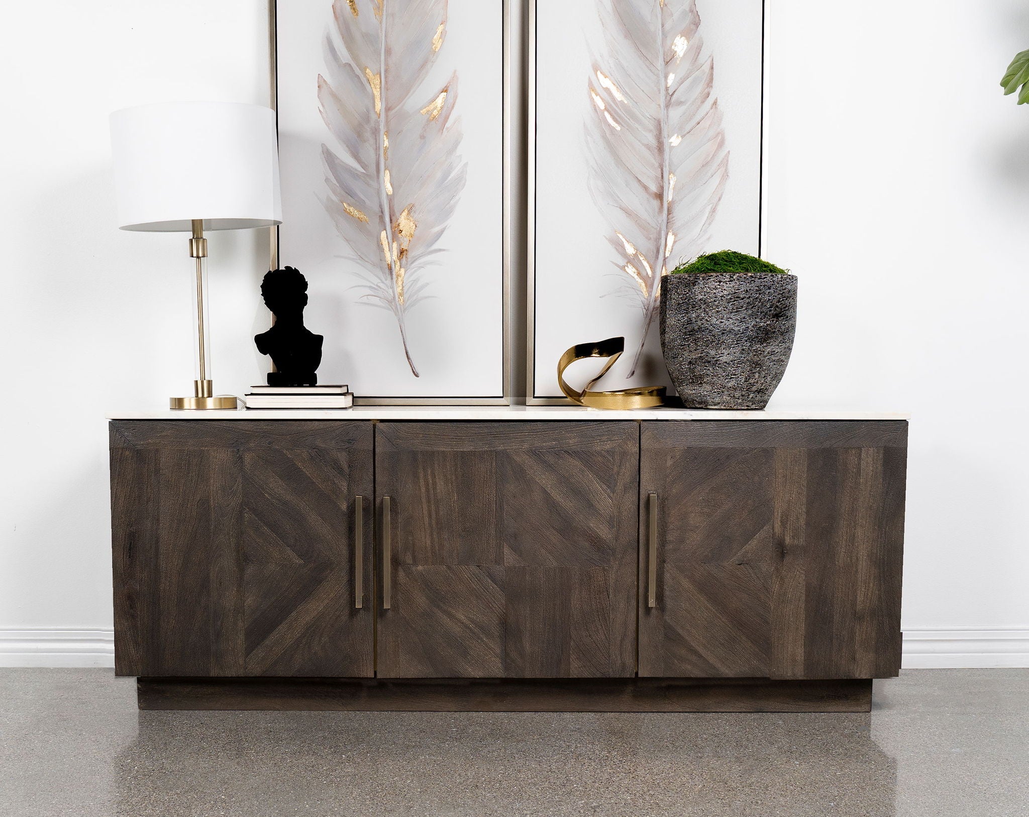 Dennis 3-door Marble Top Sideboard Buffet Tobacco Grey by Unique Piece Furniture