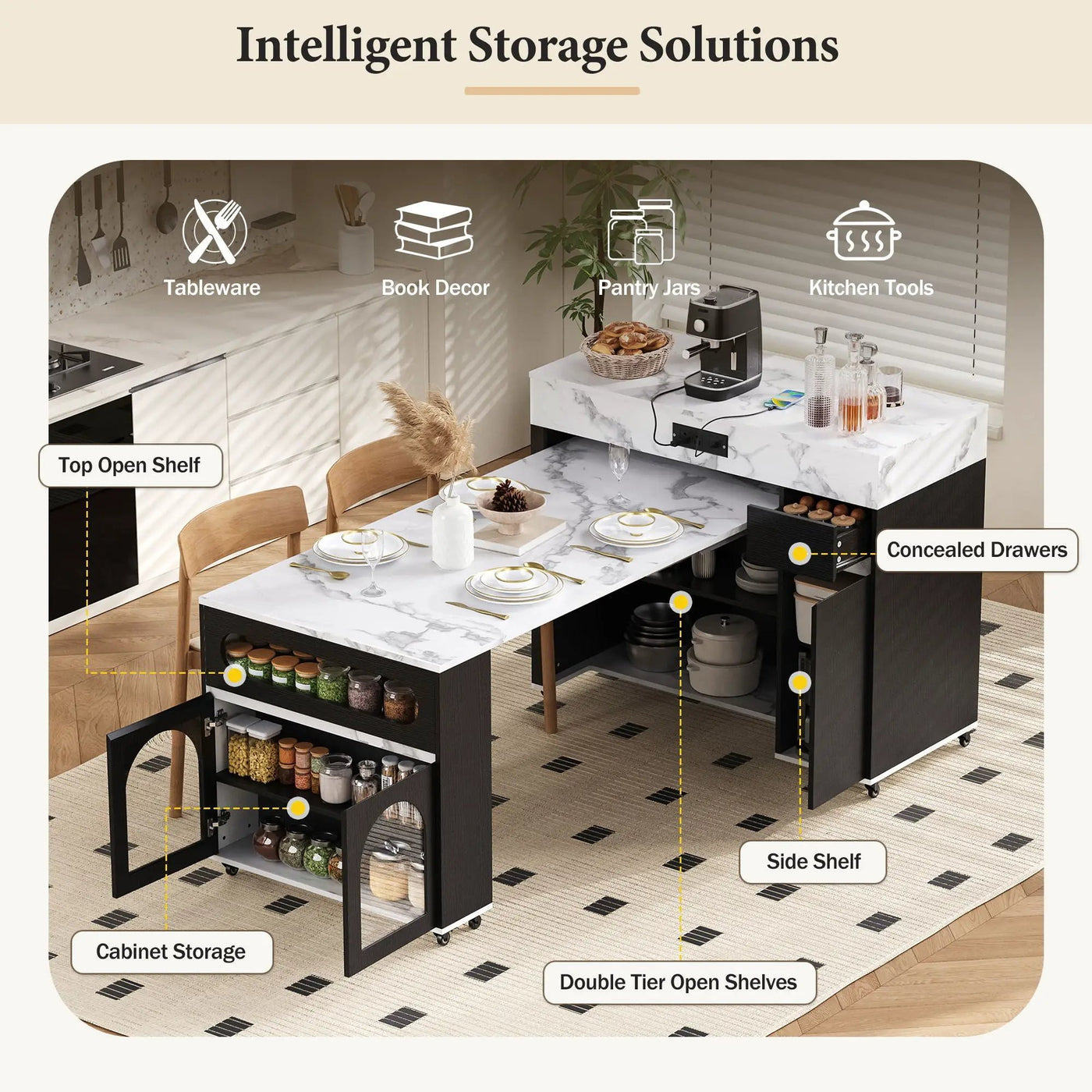 Extendable Dining Table With Folding Top, Rolling Kitchen Island With Drawers And Power Outlet by HouseOfZazla
