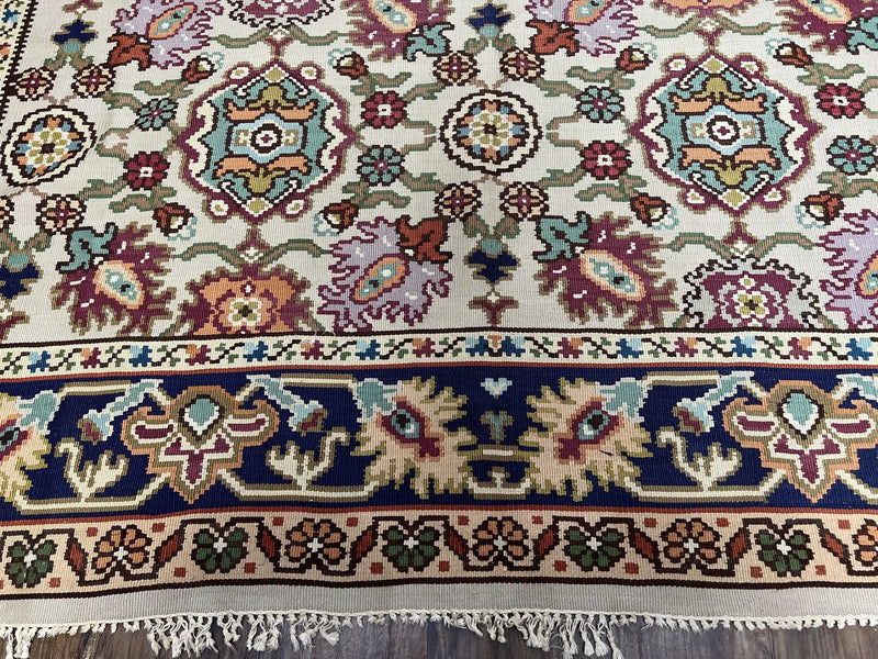 Antique Turkish Kilim Rug 7x10 Allover Pattern, Ivory Cream Maroon Light Blue, Wool Flatweave Hand Woven, Large Kilim, Vintage Kilim Carpet by Jewel Rugs