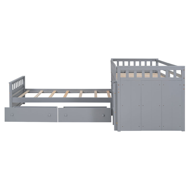 Loft Platform Bed With 7 Drawers And Full Guardrails, Modern L Shaped Space Savin