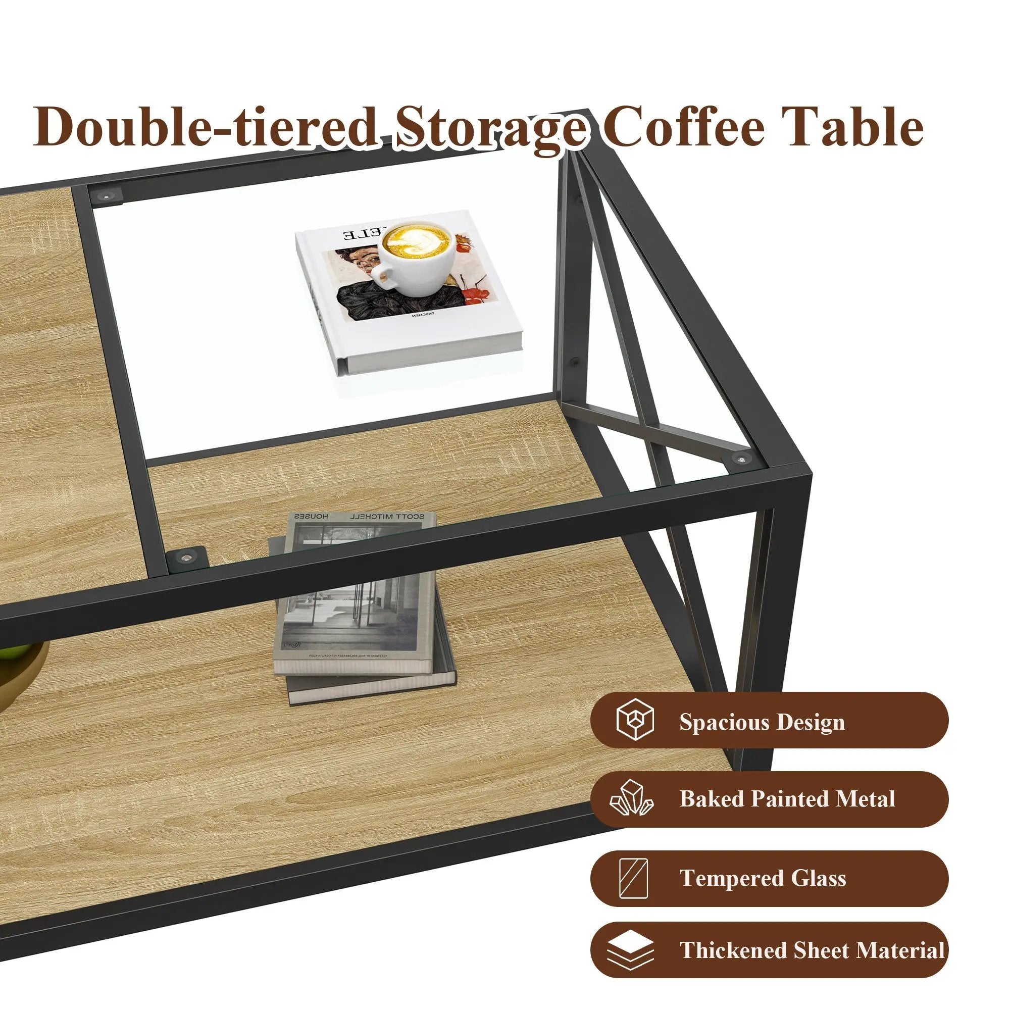 Modern Coffee Table with Tempered Glass and Natural Wood MDF Top by HouseOfZazla