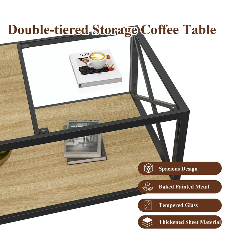 Modern Coffee Table with Tempered Glass and Natural Wood MDF Top by HouseOfZazla