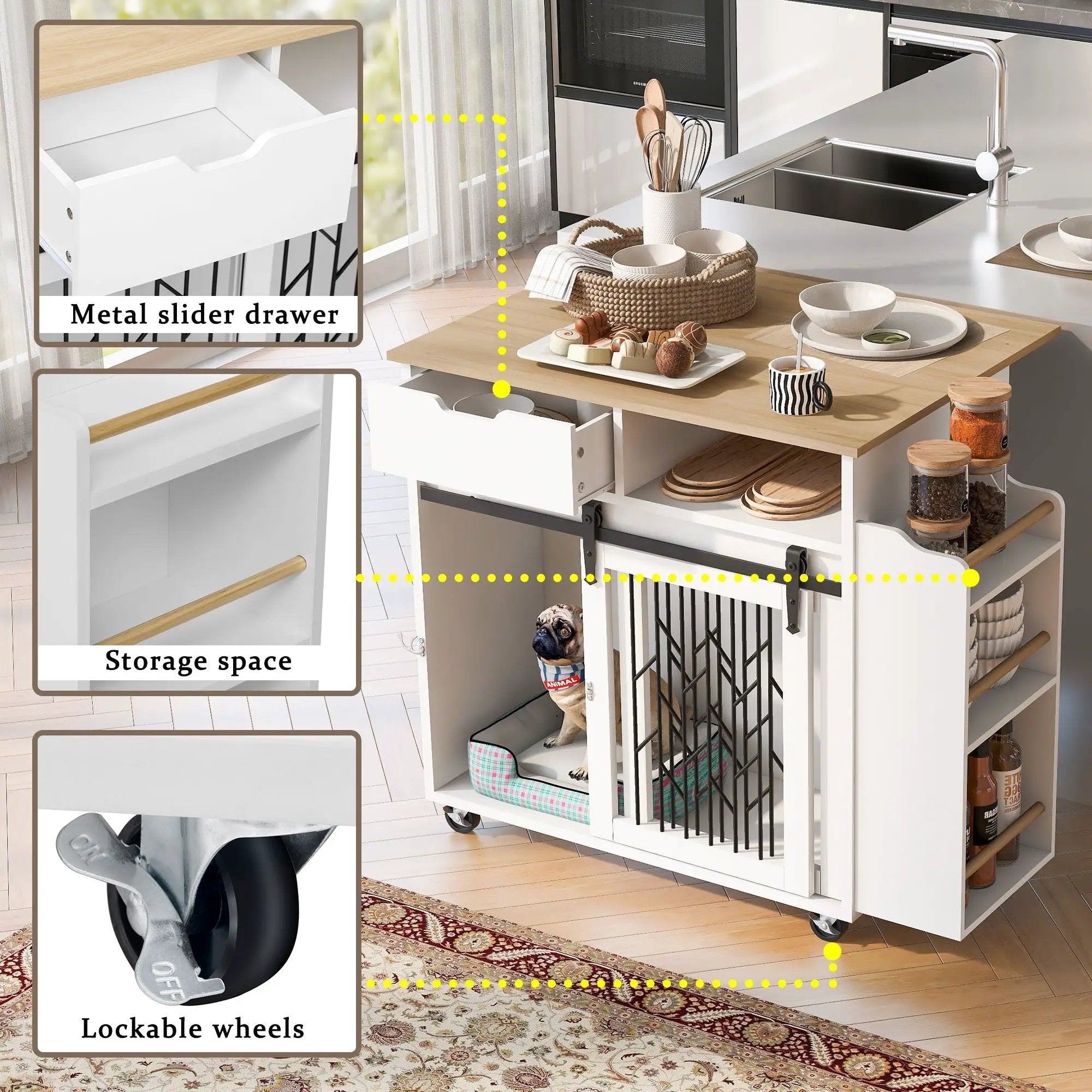 Modern Style 2 In 1 Pet Friendly Dog Crate Kitchen Island End Table Metal Pine - Natural / White by Unique Piece Furniture