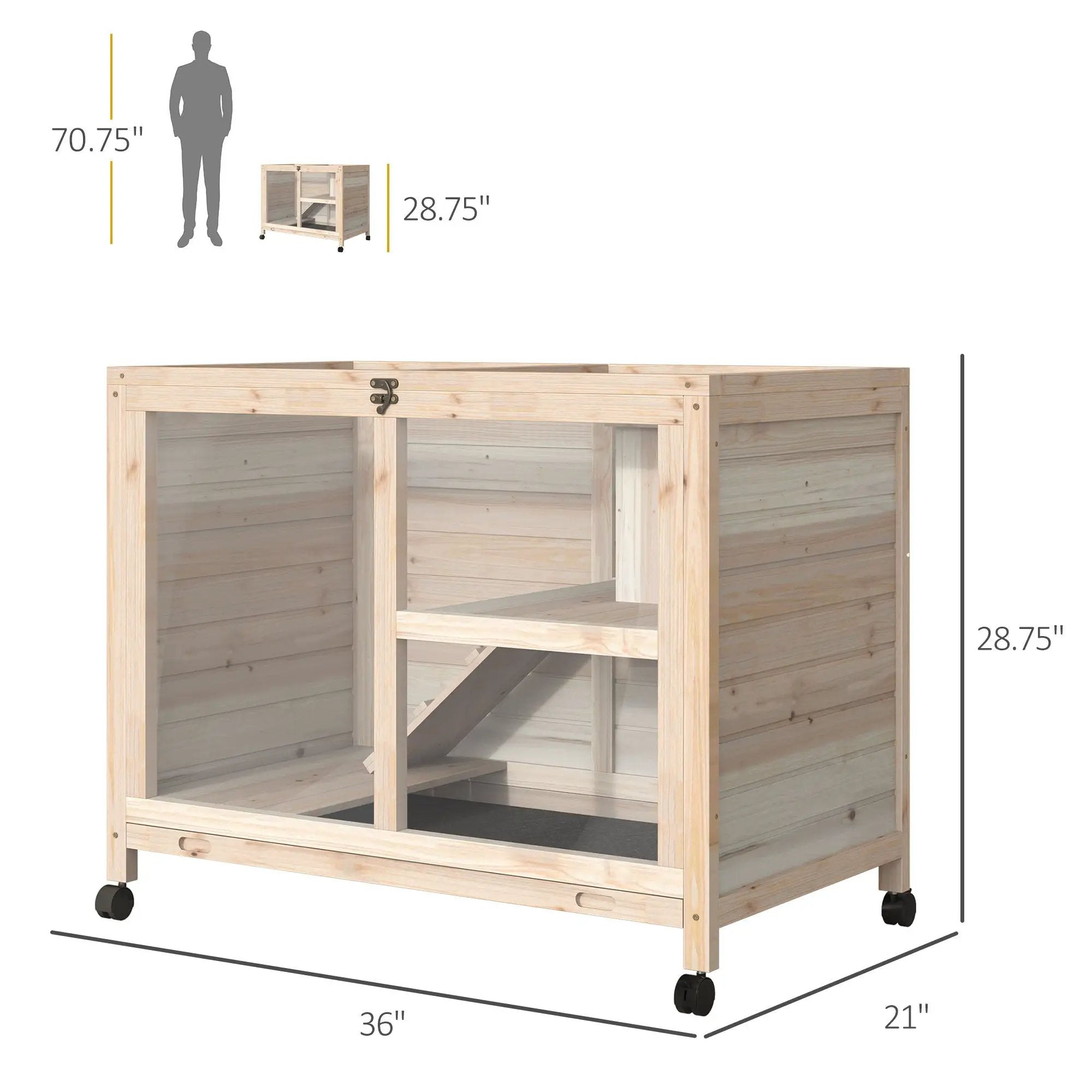 Pawhut - Indoor Rabbit Hutch With Wheels, Desk And Side Table Sized, Wood Rabbit Cage, Waterproof Small Rabbit Cage - Natural by HouseOfZazla