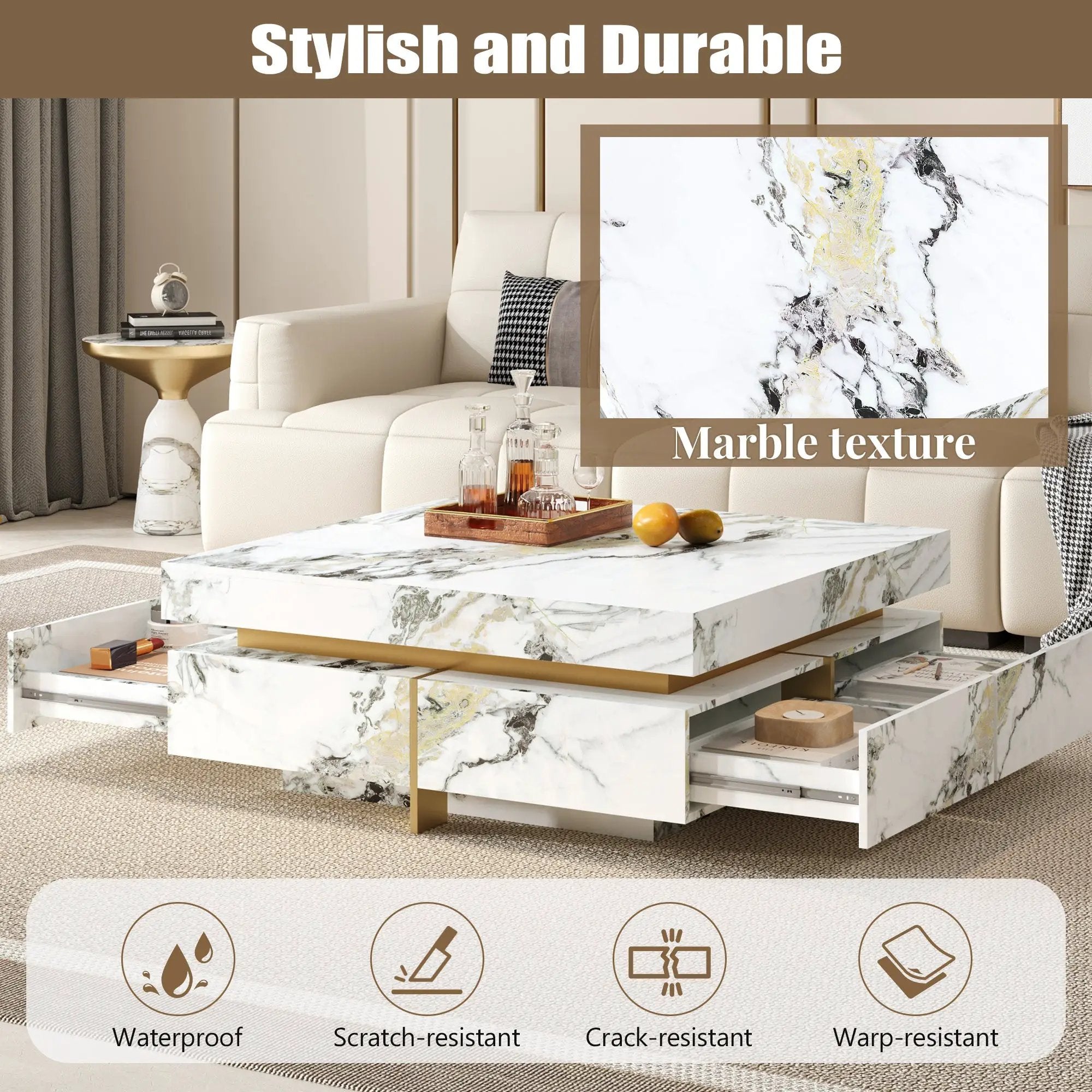Modern Square Marble Textured Coffee Table with 4 Drawers by HouseOfZazla